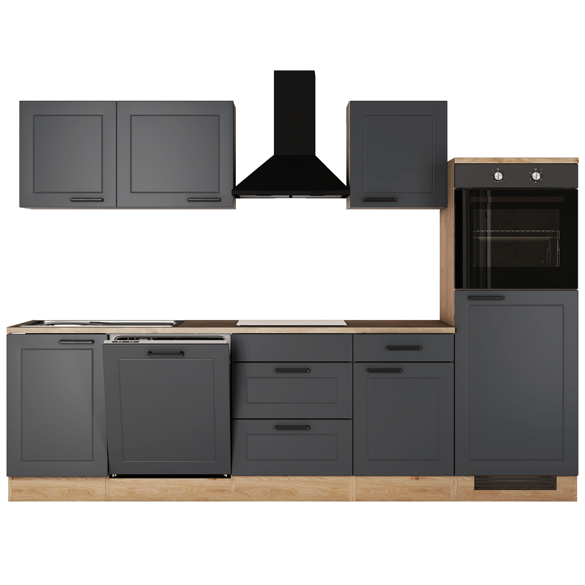 Küchenblock ROMEO - Anthrazit matt - Cosmopolitan Eiche - mit E-Geräten - 280 cm