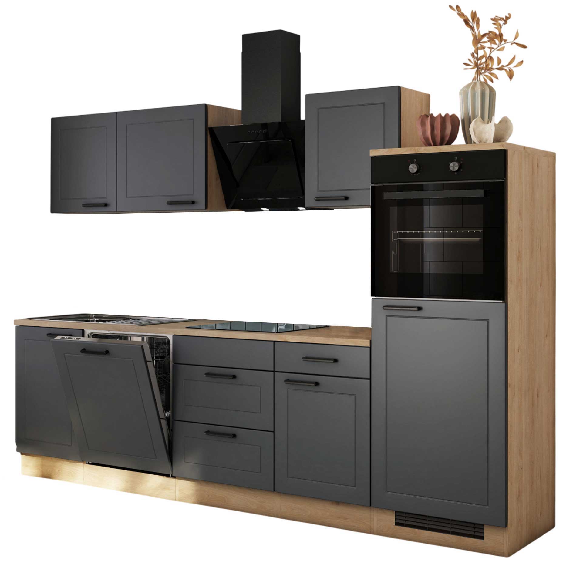 Küchenblock ROMEO - anthrazit matt - Cosmopolitan Eiche - mit E-Geräten - 280 cm