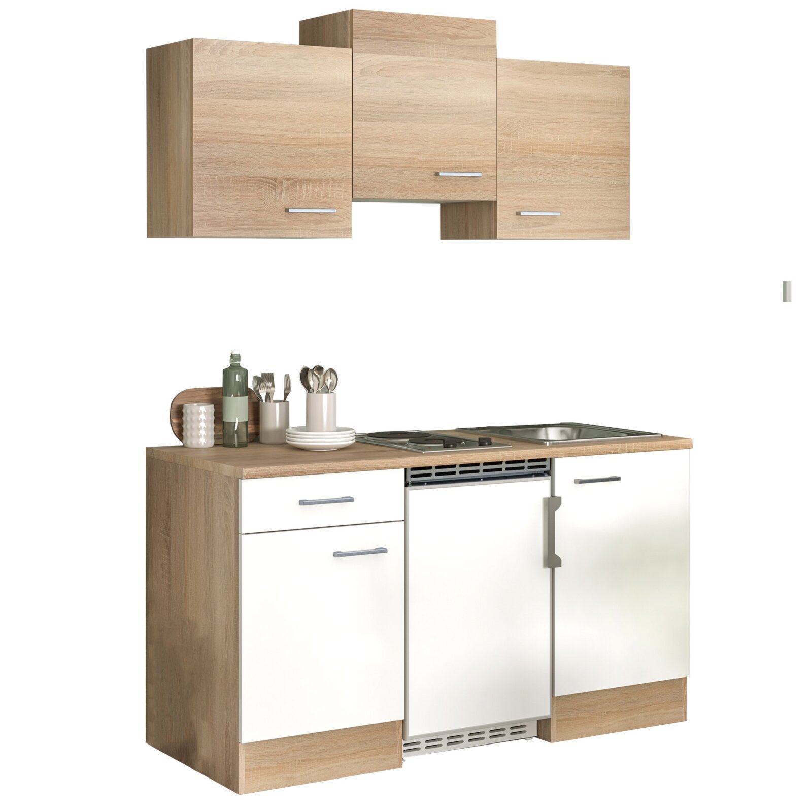 Küchenblock SAMOA - weiß - Sonoma Eiche - mit E-Geräten - 150 cm