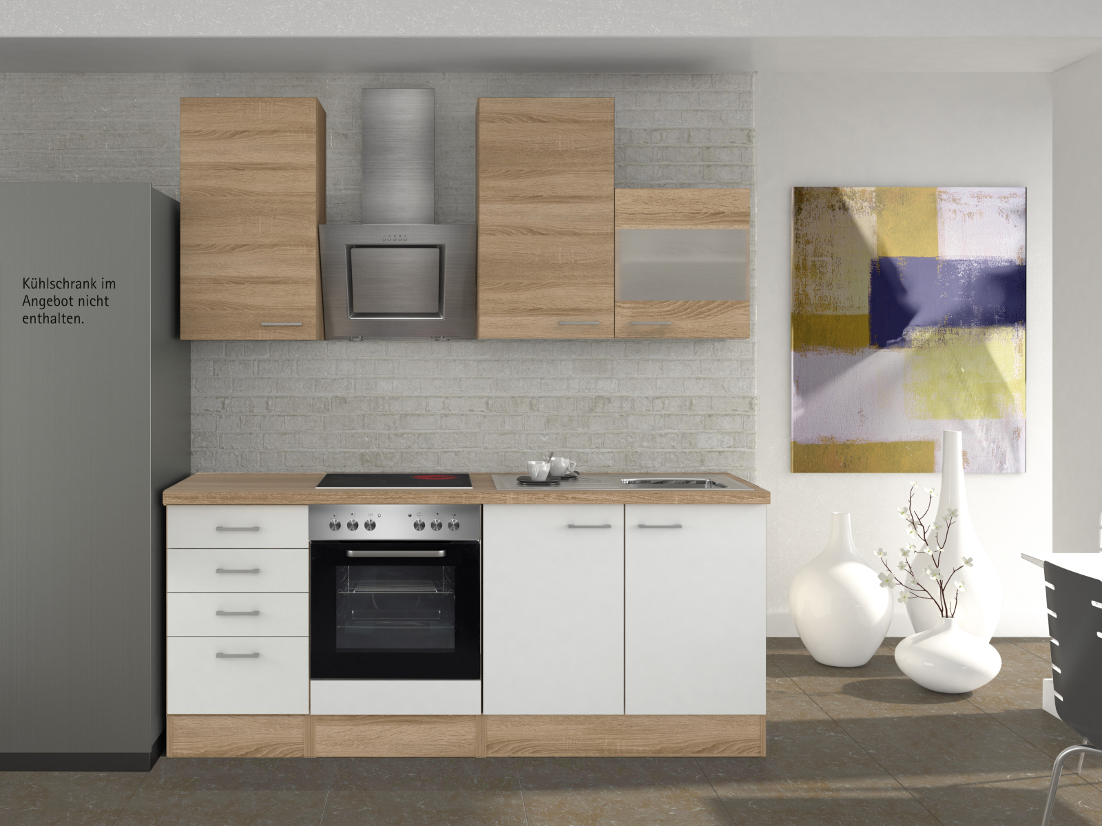 Küchenblock SAMOA - weiß-Sonoma Eiche - mit E-Geräten - 210 cm 