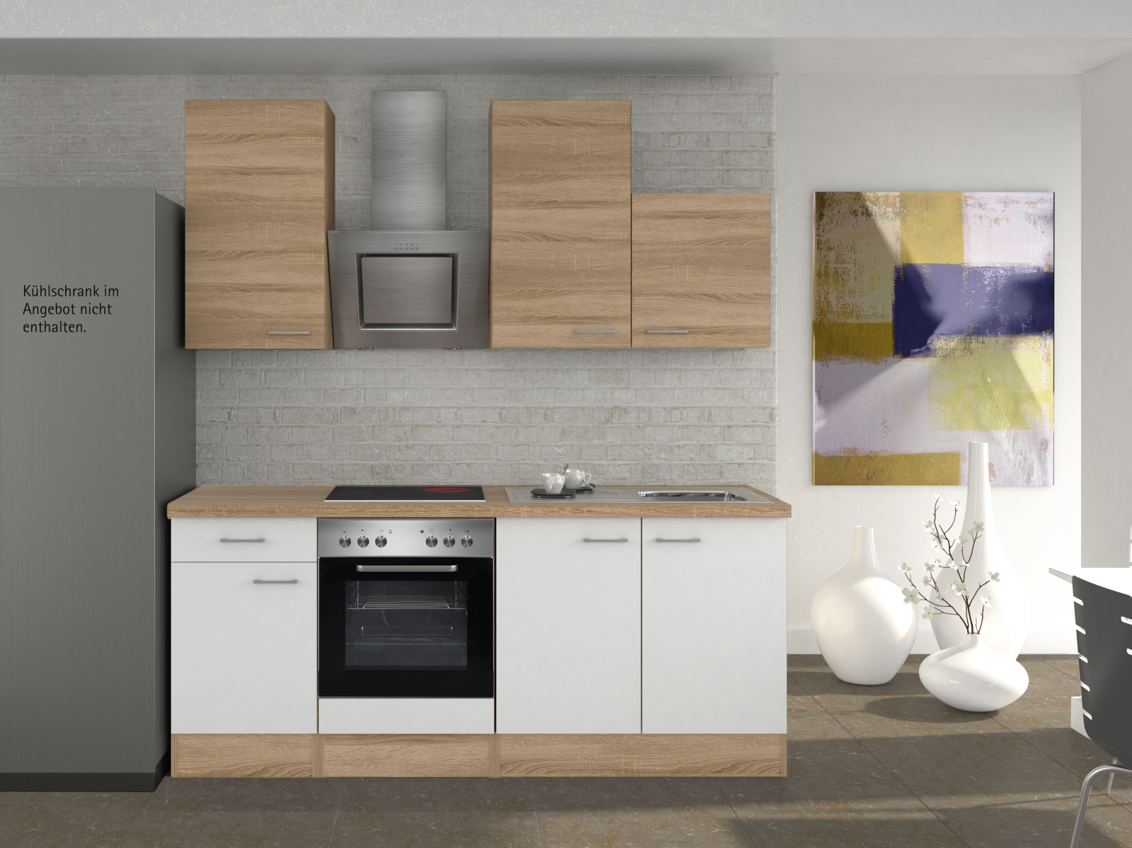Küchenblock SAMOA - weiß-Sonoma Eiche - mit E-Geräten - 210 cm