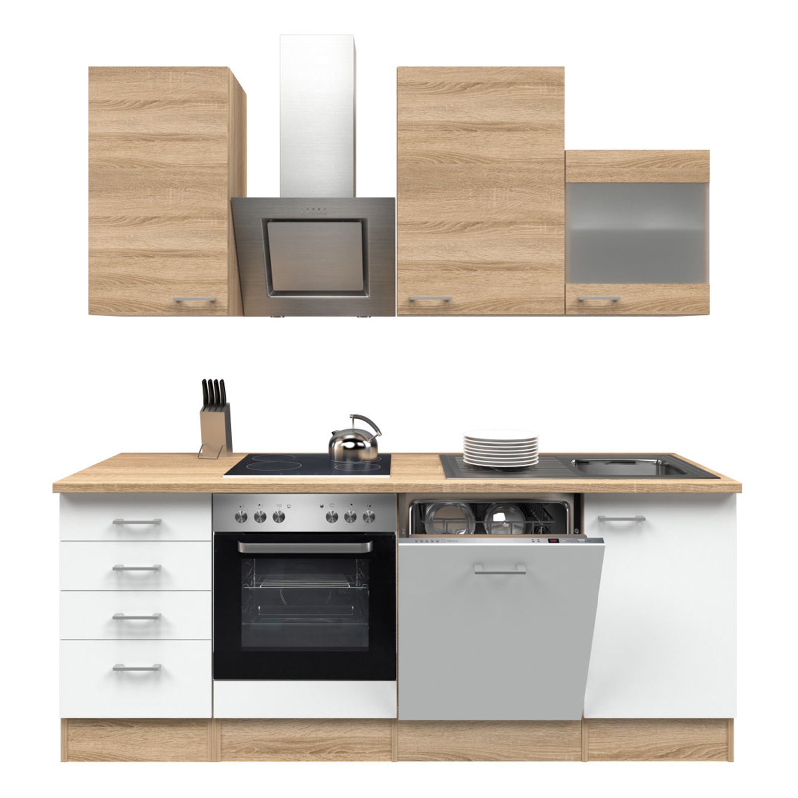 Küchenblock SAMOA - weiß-Sonoma Eiche - mit E-Geräten - 220 cm
