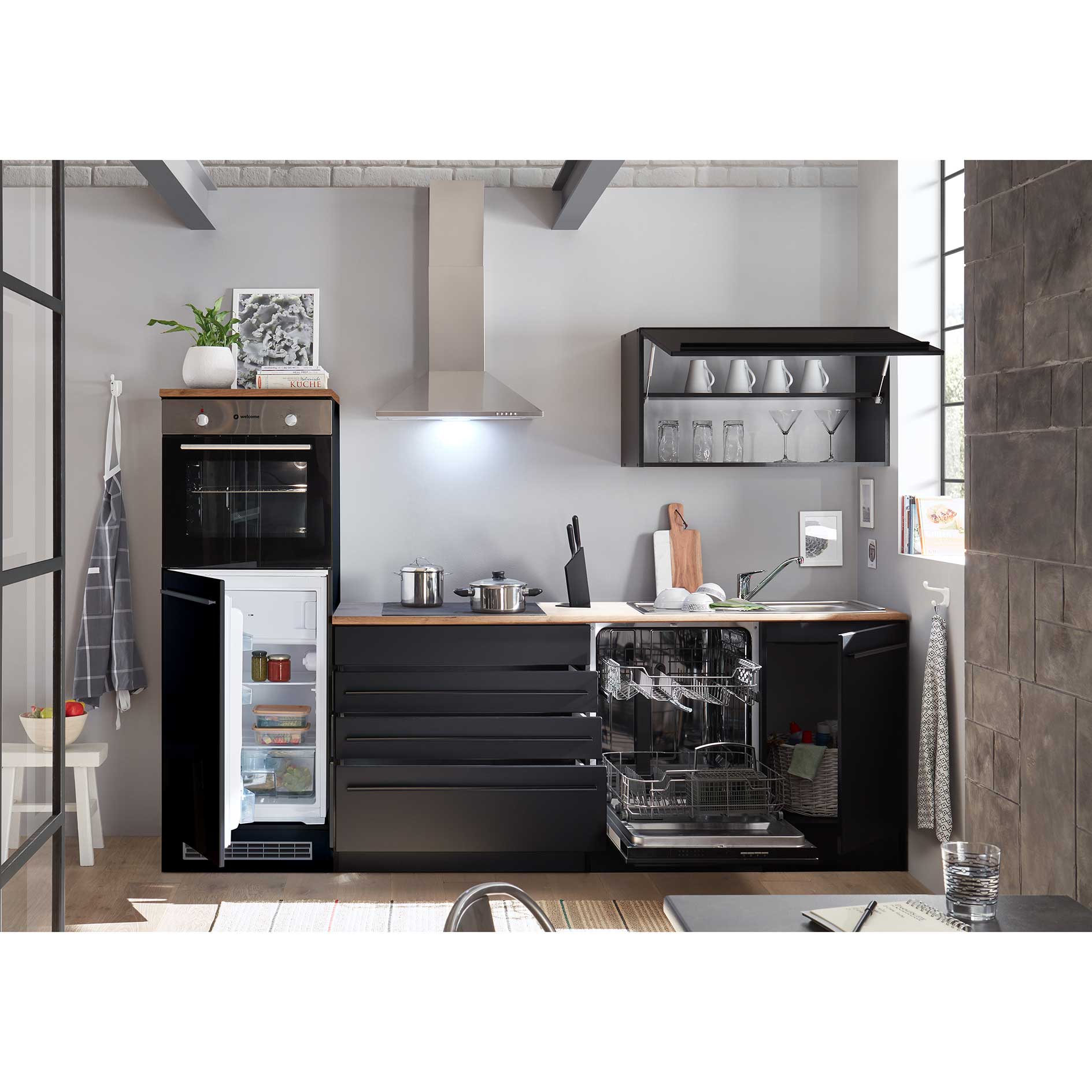 Küchenblock - schwarz matt - Lanzelot Eiche - mit E-Geräten - 260 cm