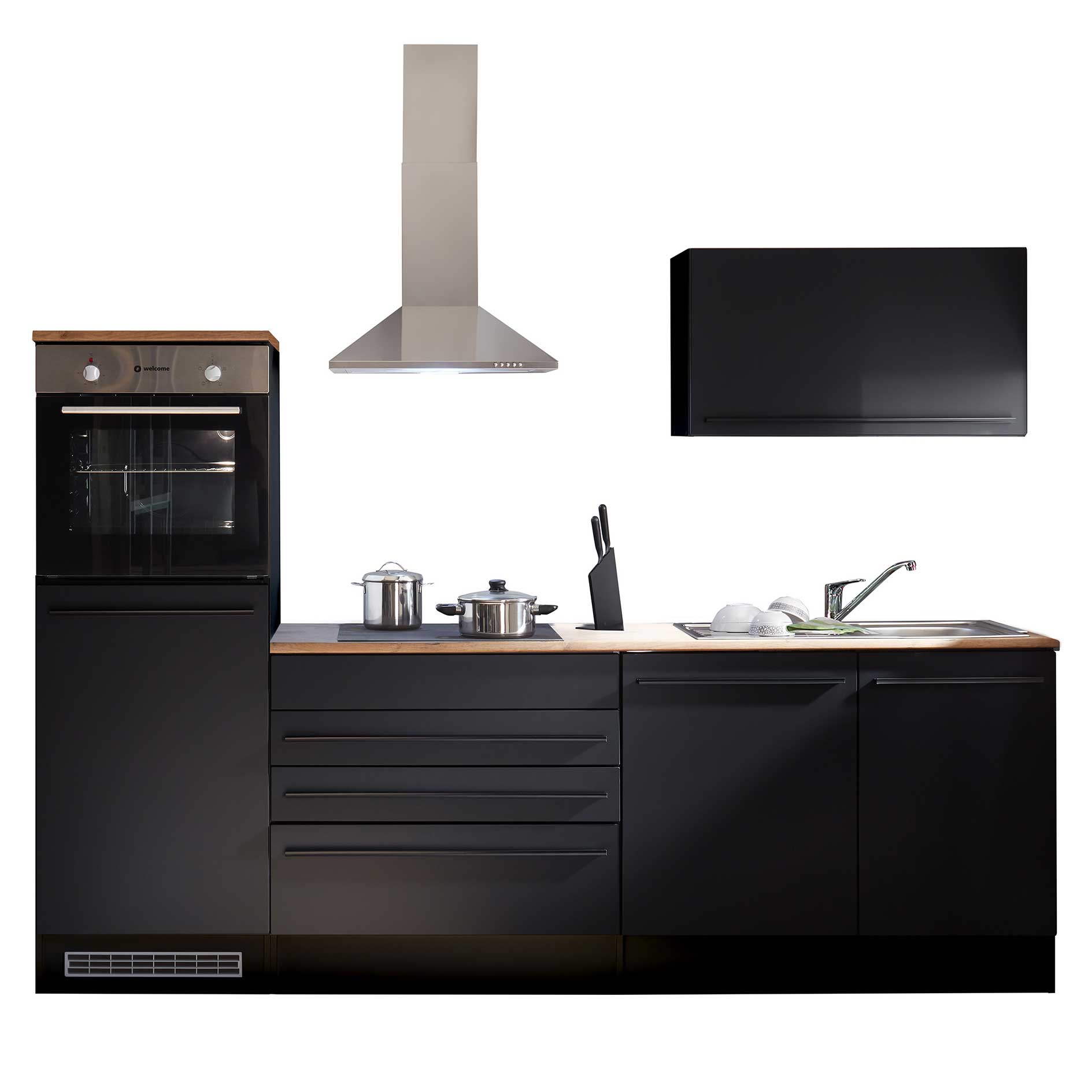 Küchenblock - schwarz matt - Lanzelot Eiche - mit E-Geräten - 260 cm