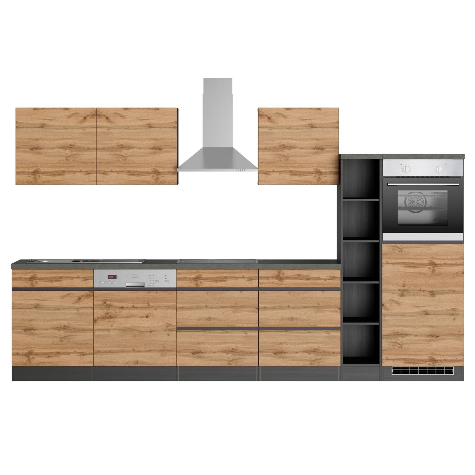 Küchenblock TURIN - Wotan Eiche - graphit - mit E-Geräten - Induktionskochfeld - 330 cm