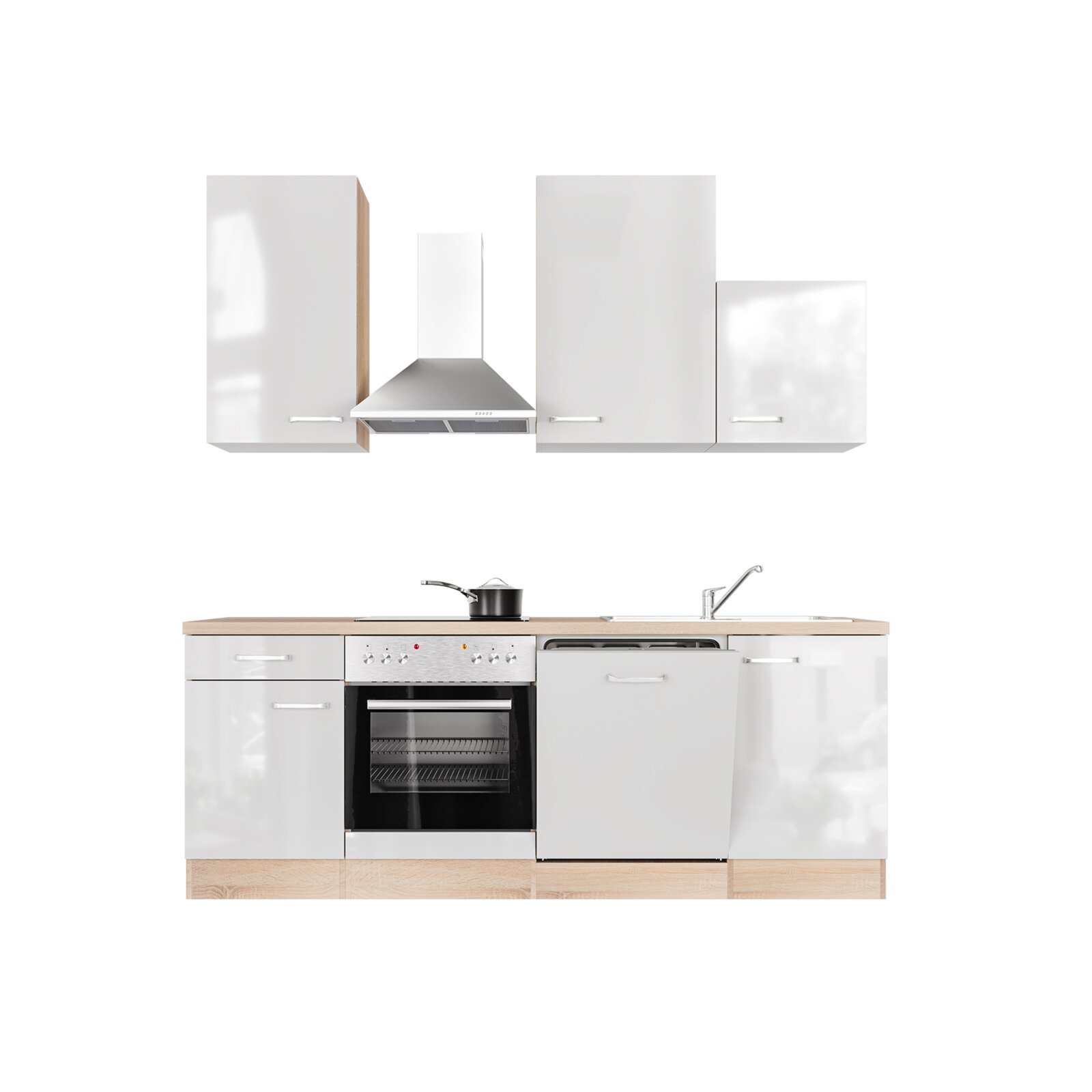 Küchenblock VALERO - Sonoma Eiche - weiß Hochglanz - mit E-Geräten - 220 cm