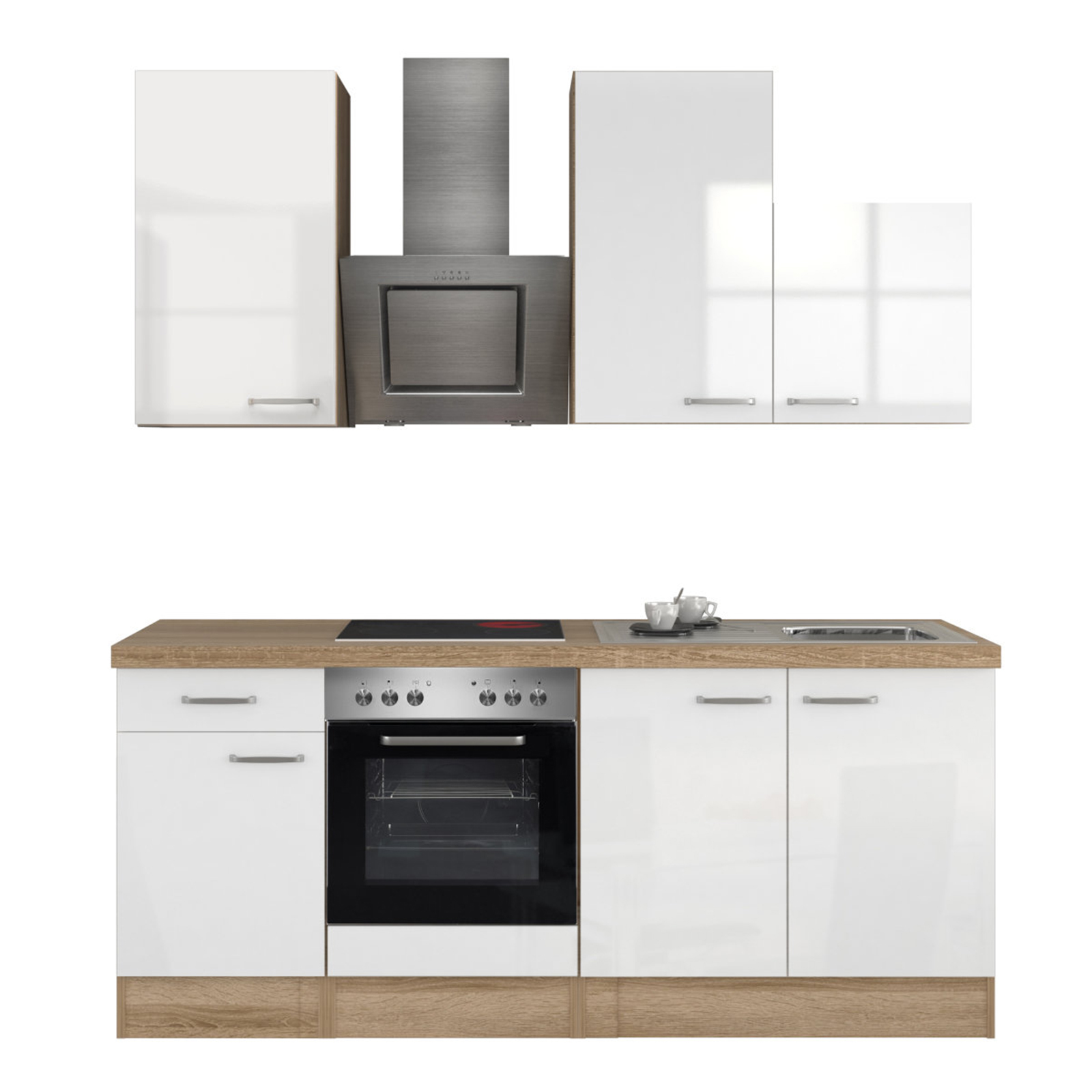 Küchenblock VALERO - weiß Hochglanz-Sonoma Eiche - mit E-Geräten - 210 cm