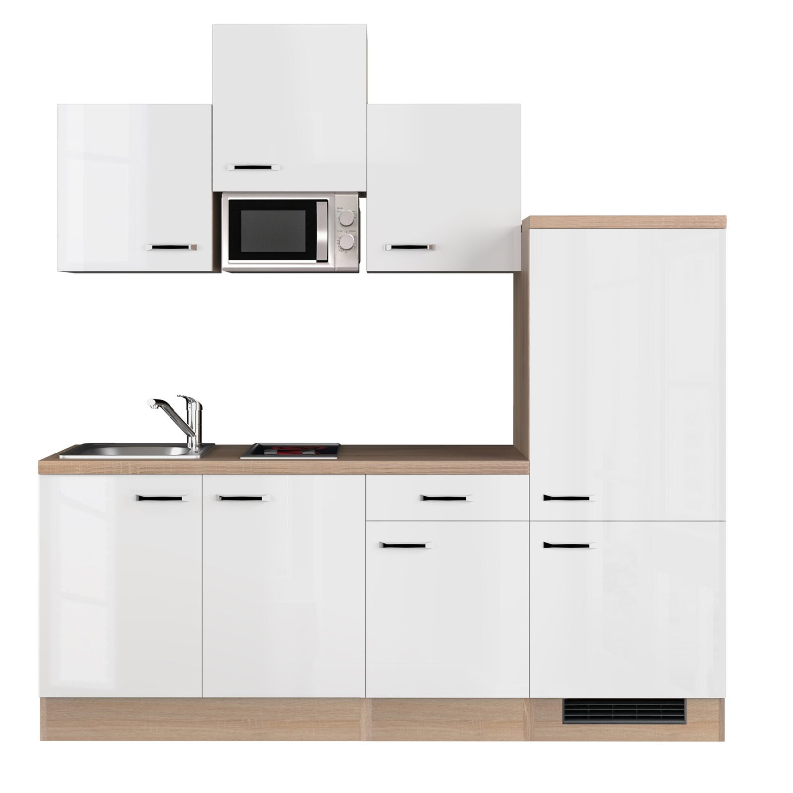 Küchenblock VALERO - weiß Hochglanz - Sonoma Eiche - mit E-Geräten - 210 cm