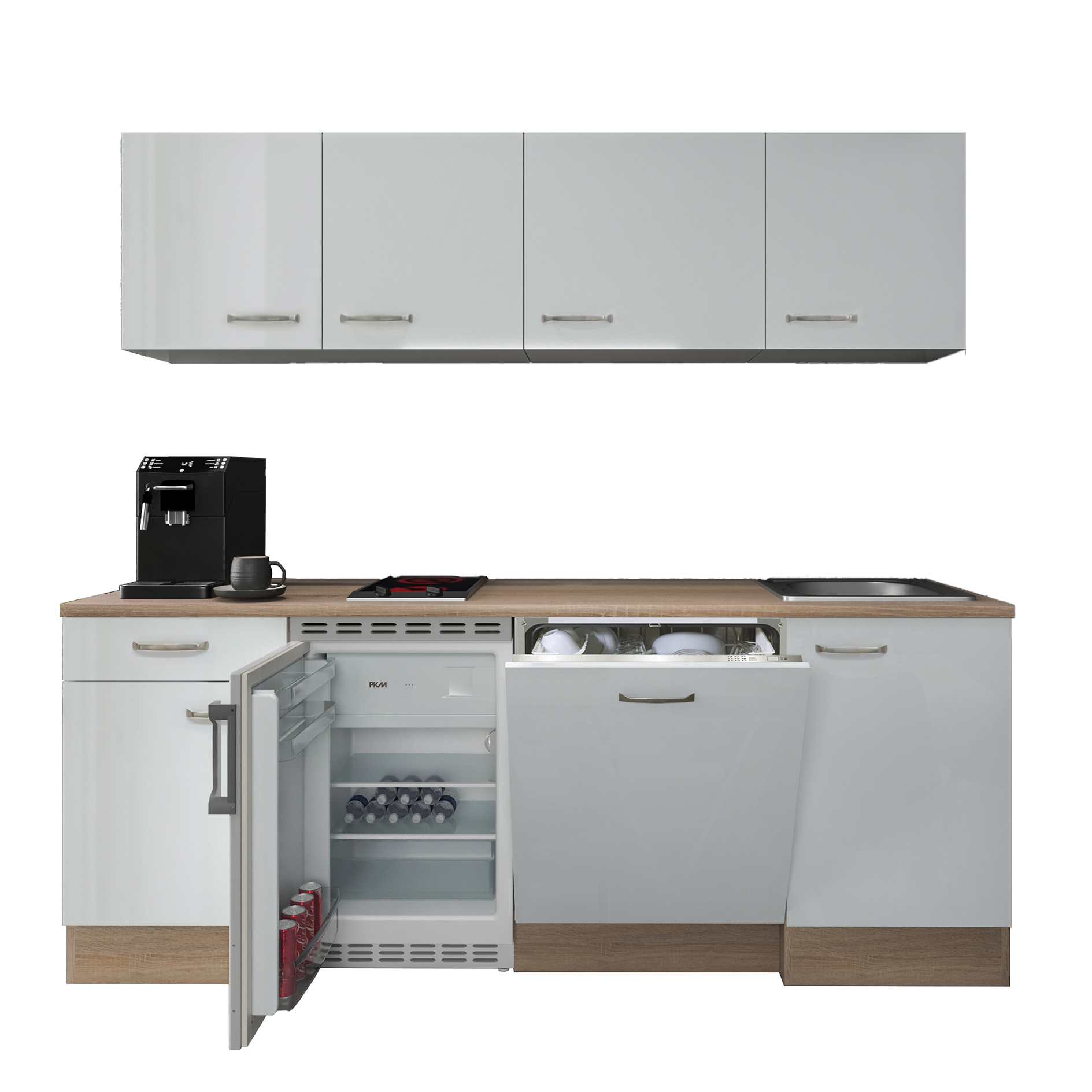 Küchenblock VALERO - weiß Hochglanz - Sonoma Eiche - mit E-Geräten - 210 cm