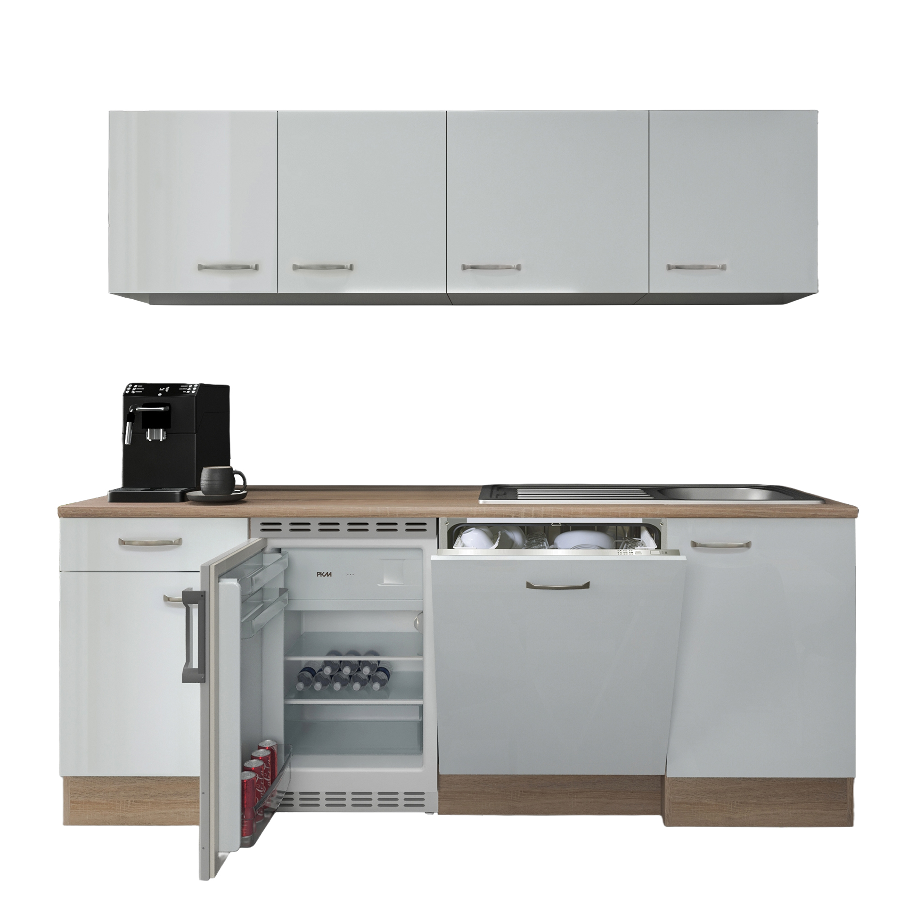 Küchenblock VALERO - weiß Hochglanz - Sonoma Eiche - mit E-Geräten - 210 cm