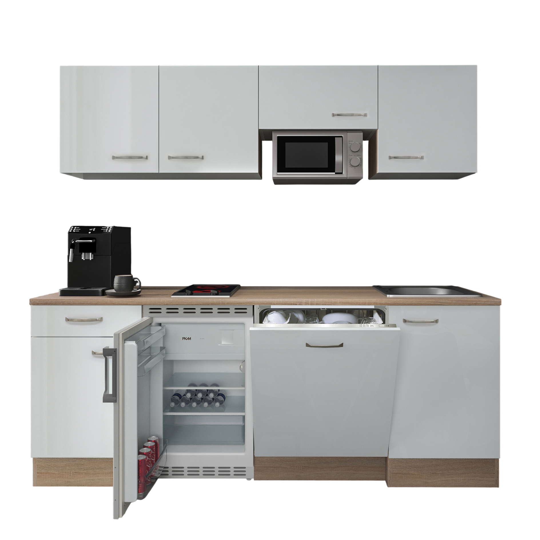Küchenblock VALERO - weiß Hochglanz - Sonoma Eiche - mit E-Geräten - 210 cm