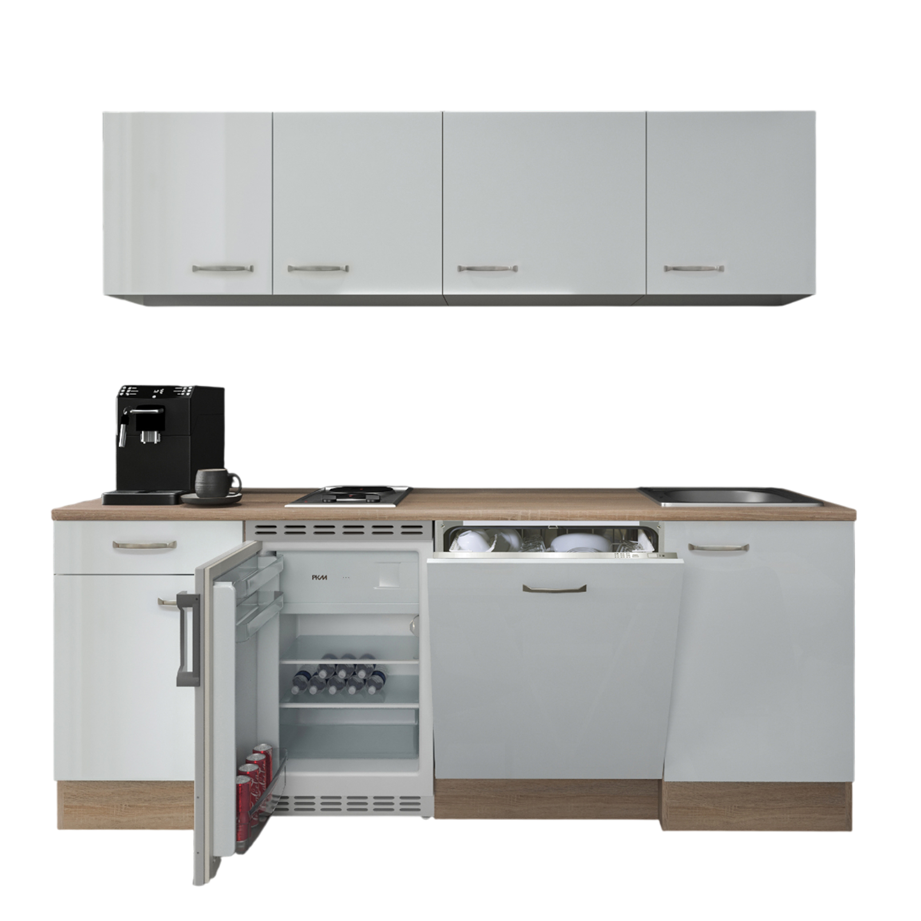 Küchenblock VALERO - weiß Hochglanz - Sonoma Eiche - mit E-Geräten - 210 cm