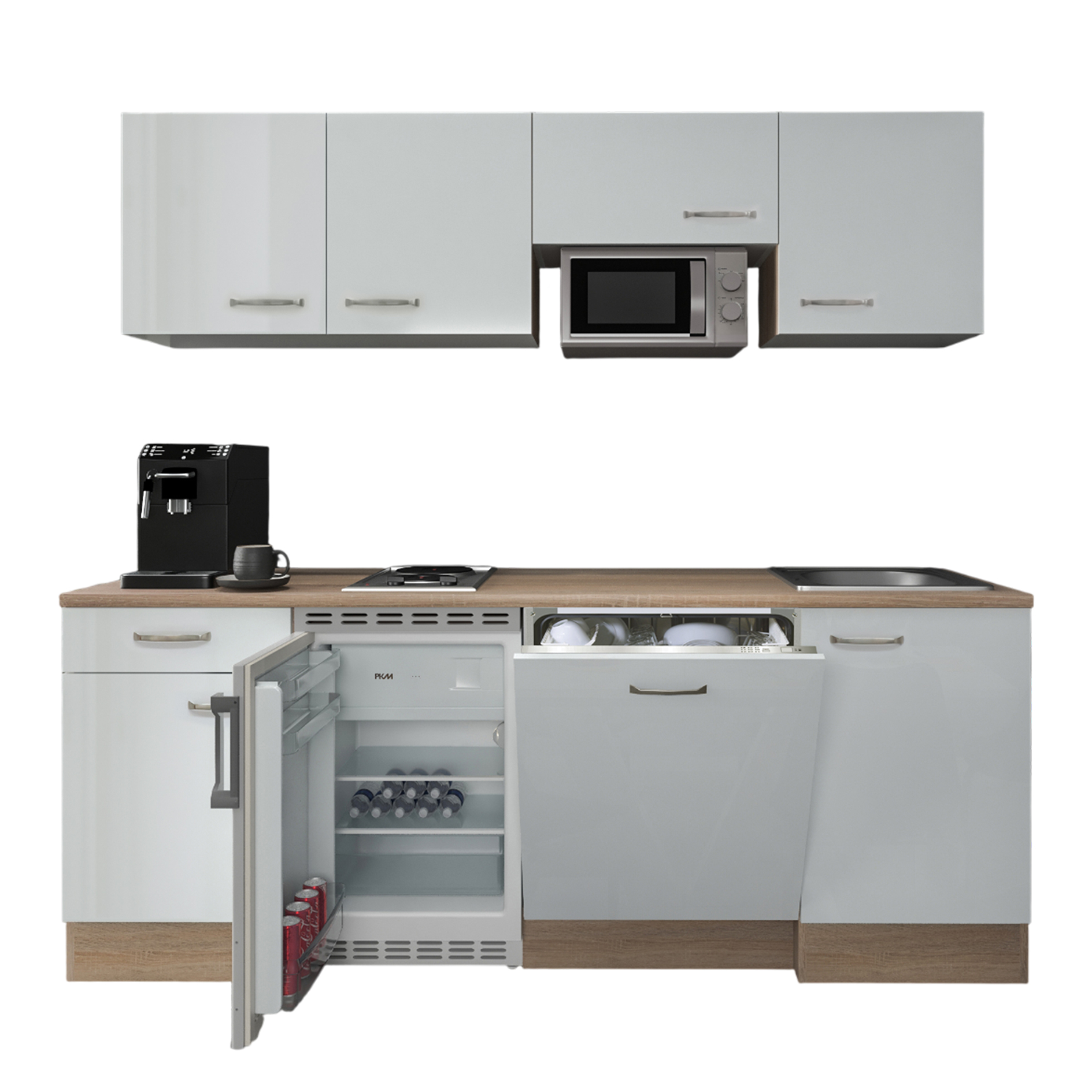 Küchenblock VALERO - weiß Hochglanz - Sonoma Eiche - mit E-Geräten - 210 cm