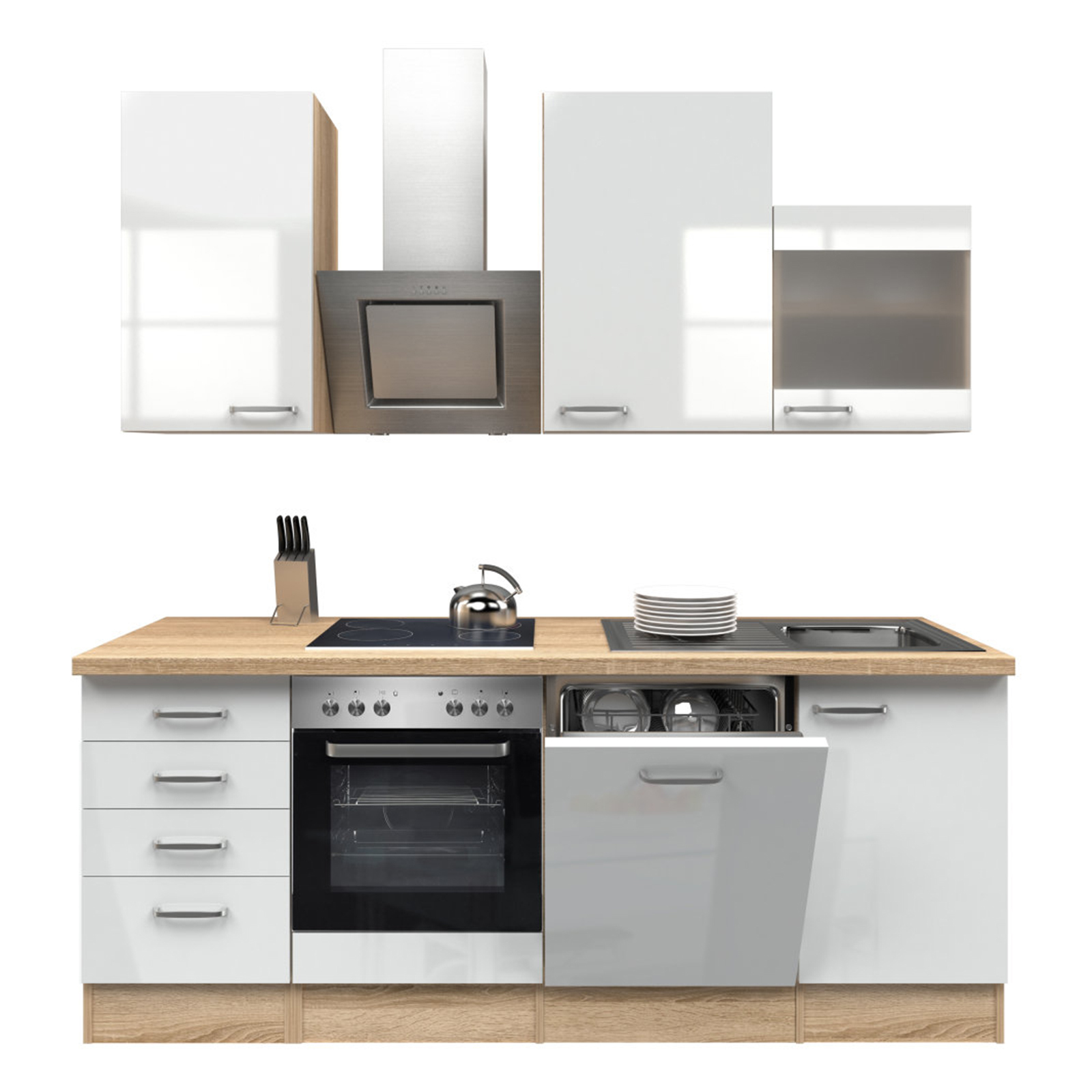 Küchenblock VALERO - weiß Hochglanz-Sonoma Eiche - mit E-Geräten - 220 cm