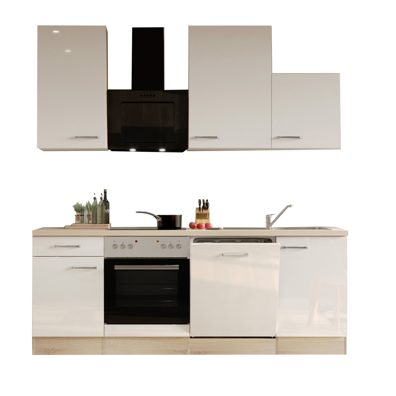 Küchenblock VALERO - weiß Hochglanz - Sonoma Eiche - mit E-Geräten - 220 cm
