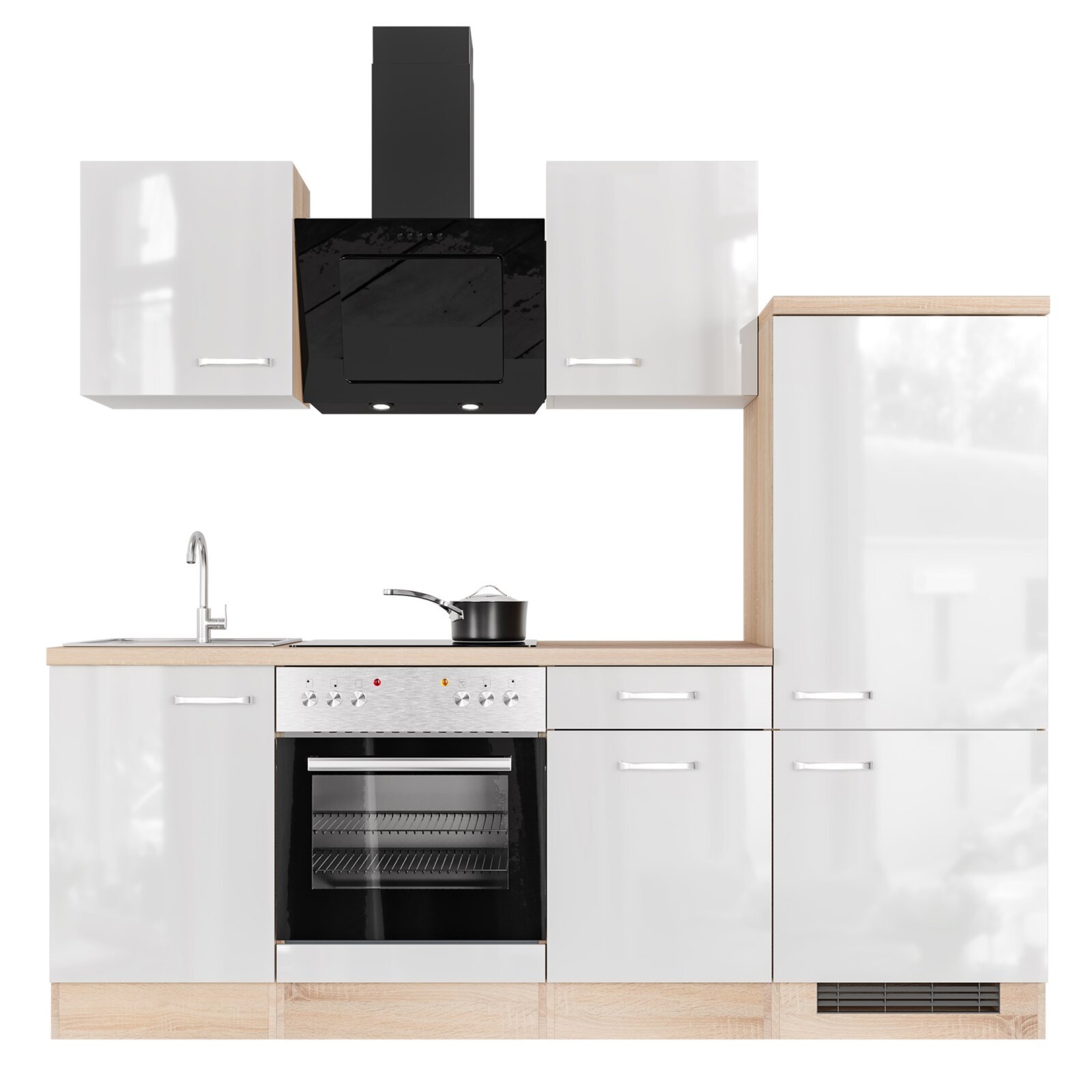 Küchenblock VALERO - weiß Hochglanz - Sonoma Eiche - mit E-Geräten - 220 cm