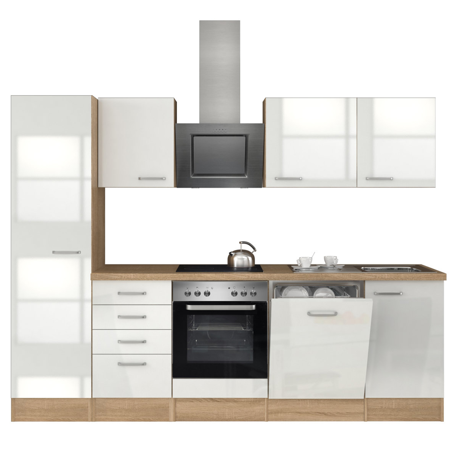 Küchenblock VALERO - weiß Hochglanz-Sonoma Eiche - mit E-Geräten - 270 cm