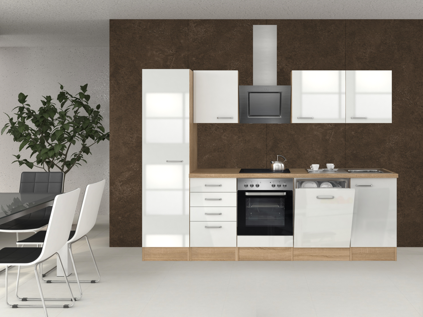 Küchenblock VALERO - weiß Hochglanz-Sonoma Eiche - mit E-Geräten - 270 cm