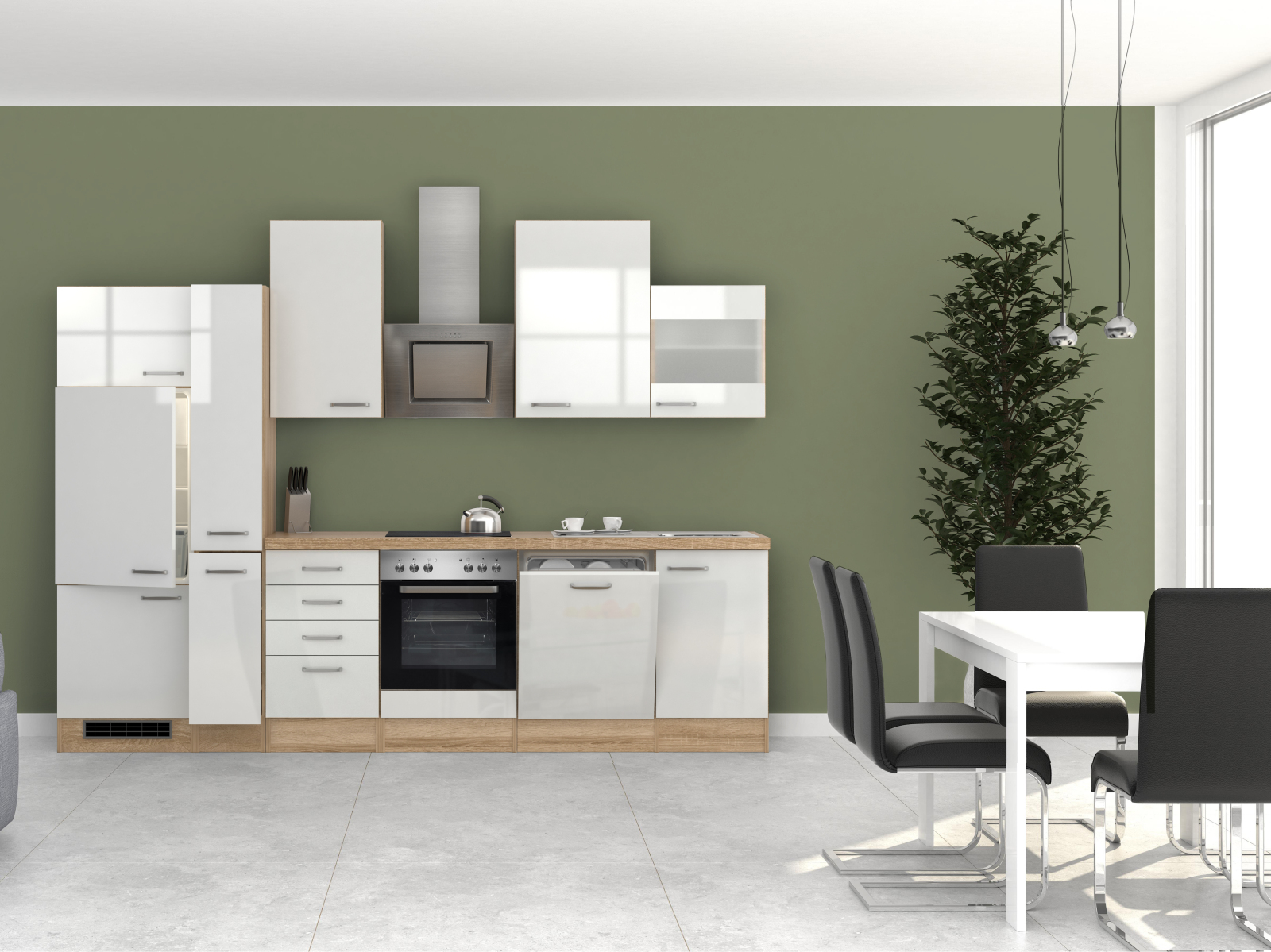Küchenblock VALERO - weiß Hochglanz-Sonoma Eiche - mit E-Geräten - 310 cm