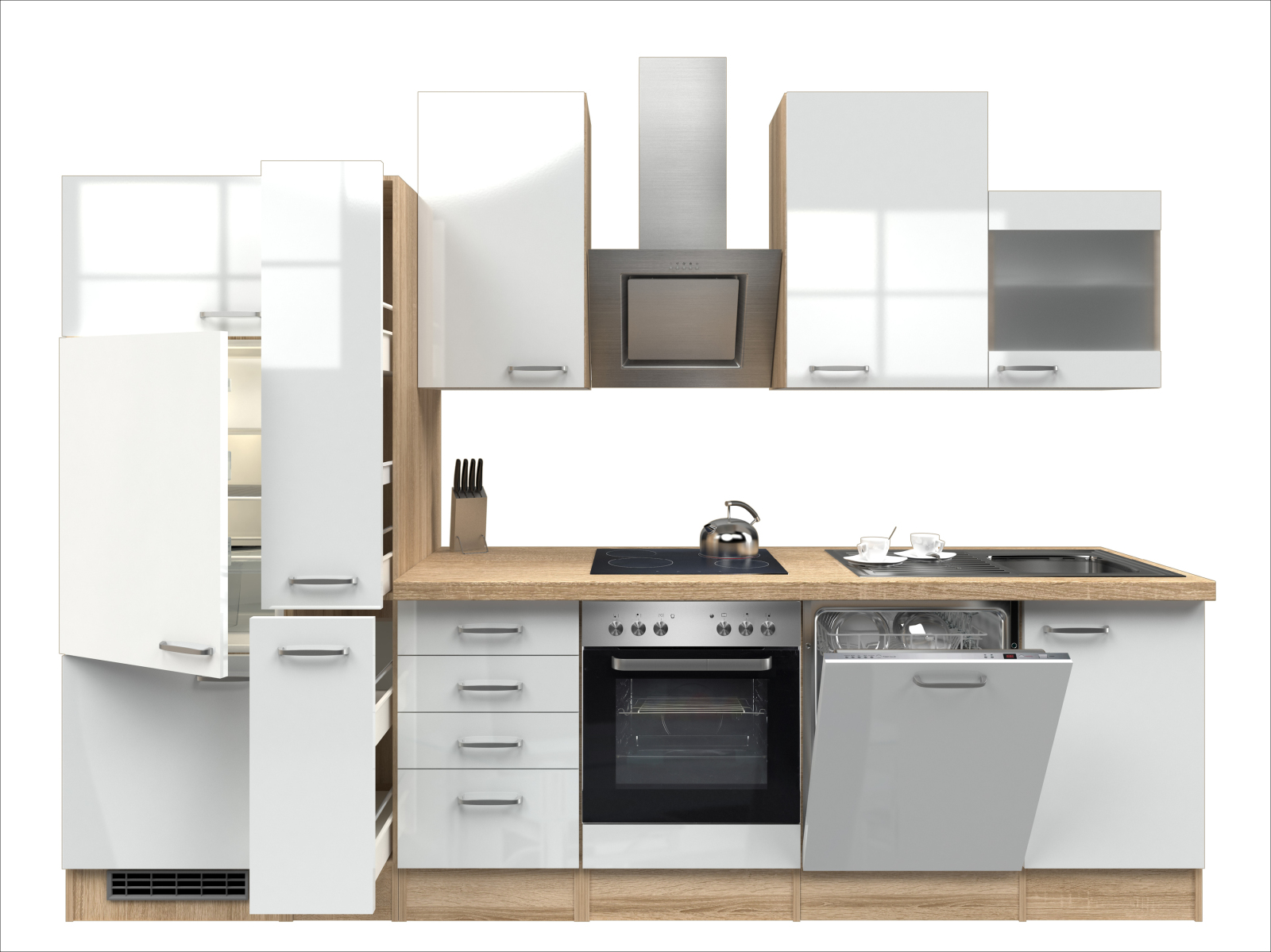 Küchenblock VALERO - weiß Hochglanz-Sonoma Eiche - mit E-Geräten - 310 cm