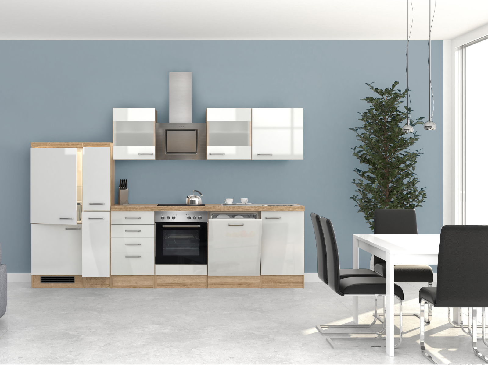 Küchenblock VALERO - weiß Hochglanz-Sonoma Eiche - mit E-Geräten - 310 cm