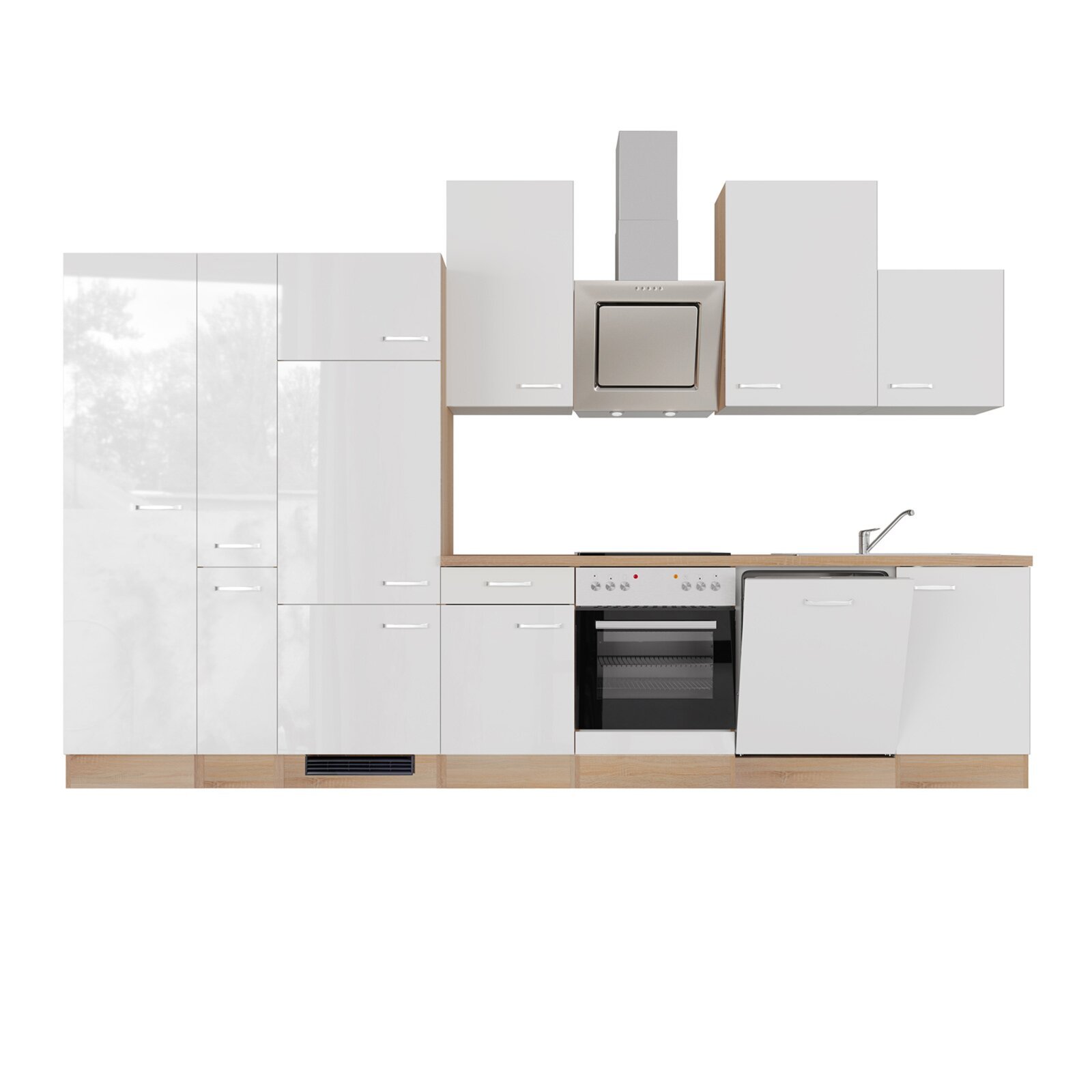 Küchenblock VALERO - weiß Hochglanz-Sonoma Eiche - mit E-Geräten - 360 cm