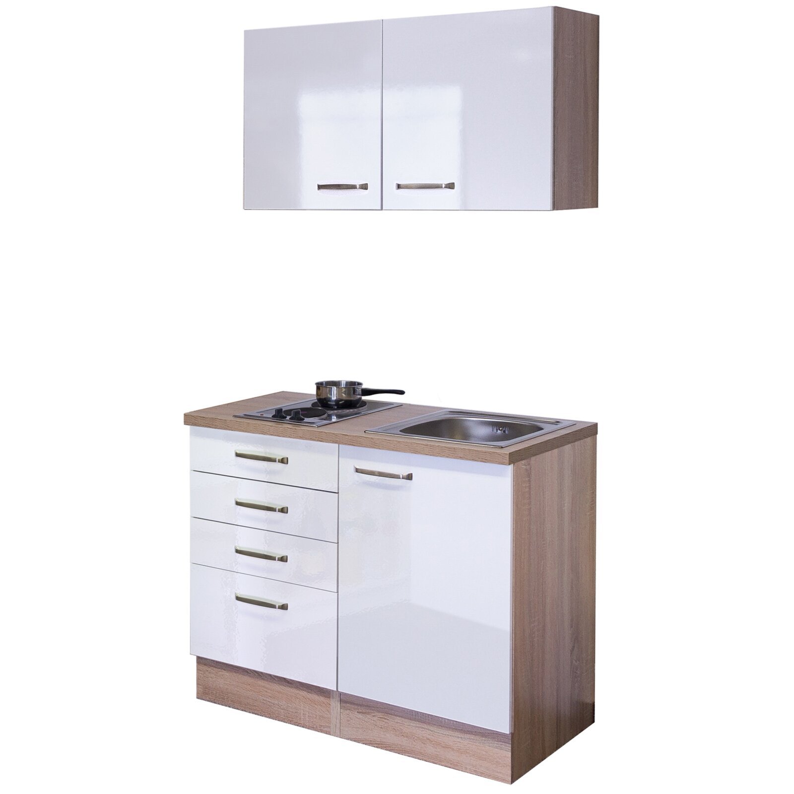 Küchenblock VALERO - weiß Hochglanz - Sonoma Eiche - mit Kochfeld - 100 cm
