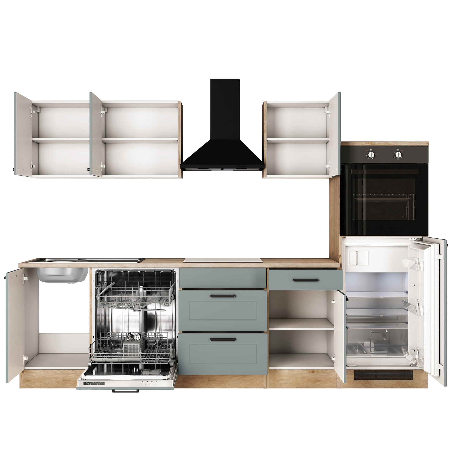 Küchenblock VERONA - salbeigrün matt - Cosmopolitan Eiche - mit E-Geräten - 280 cm