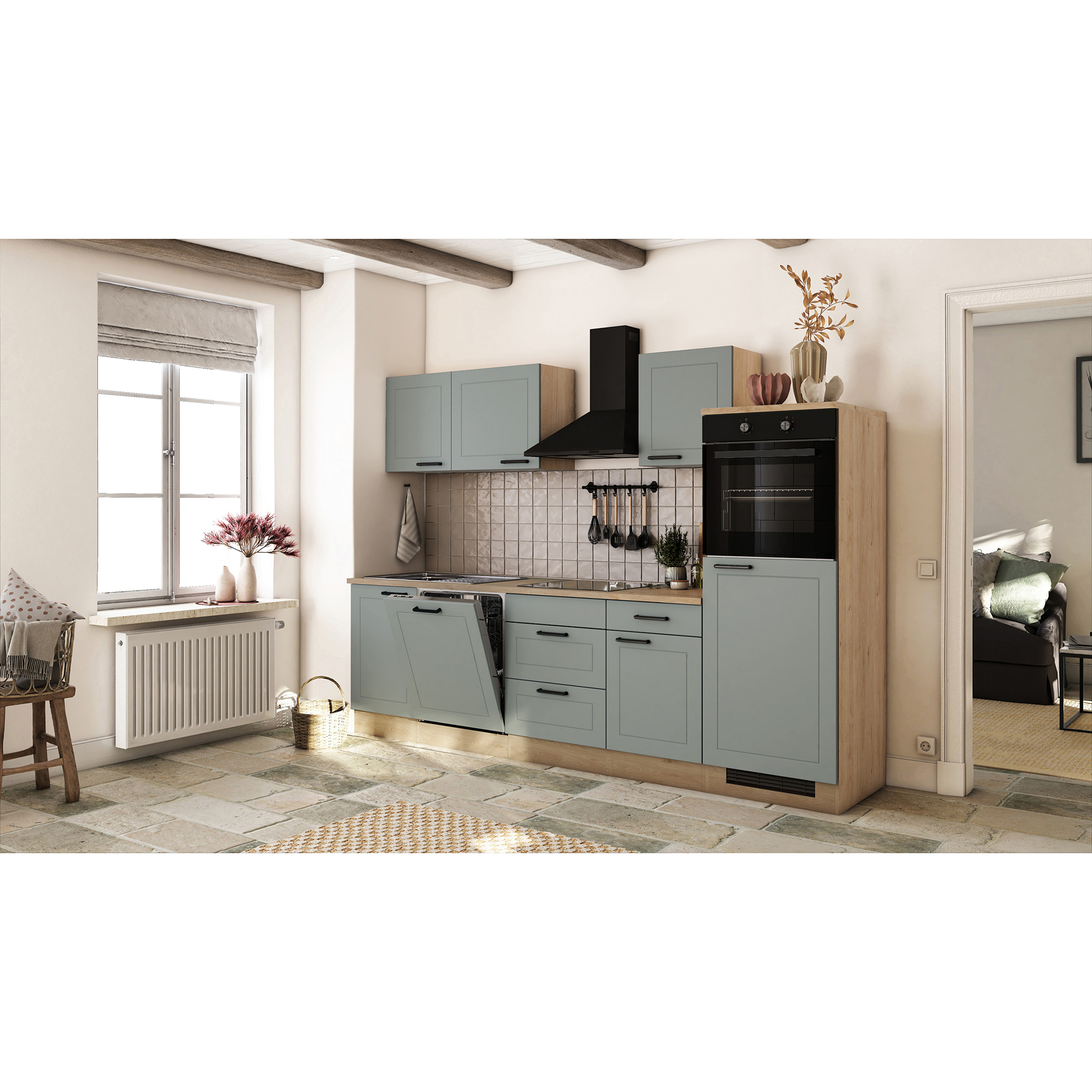 Küchenblock VERONA - salbeigrün matt - Cosmopolitan Eiche - mit E-Geräten - 280 cm