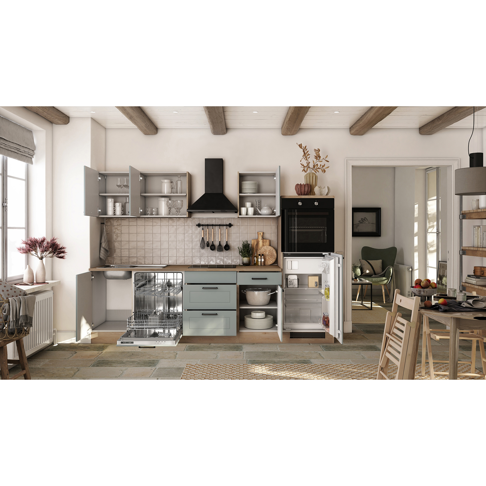 Küchenblock VERONA - salbeigrün matt - Cosmopolitan Eiche - mit E-Geräten - 280 cm