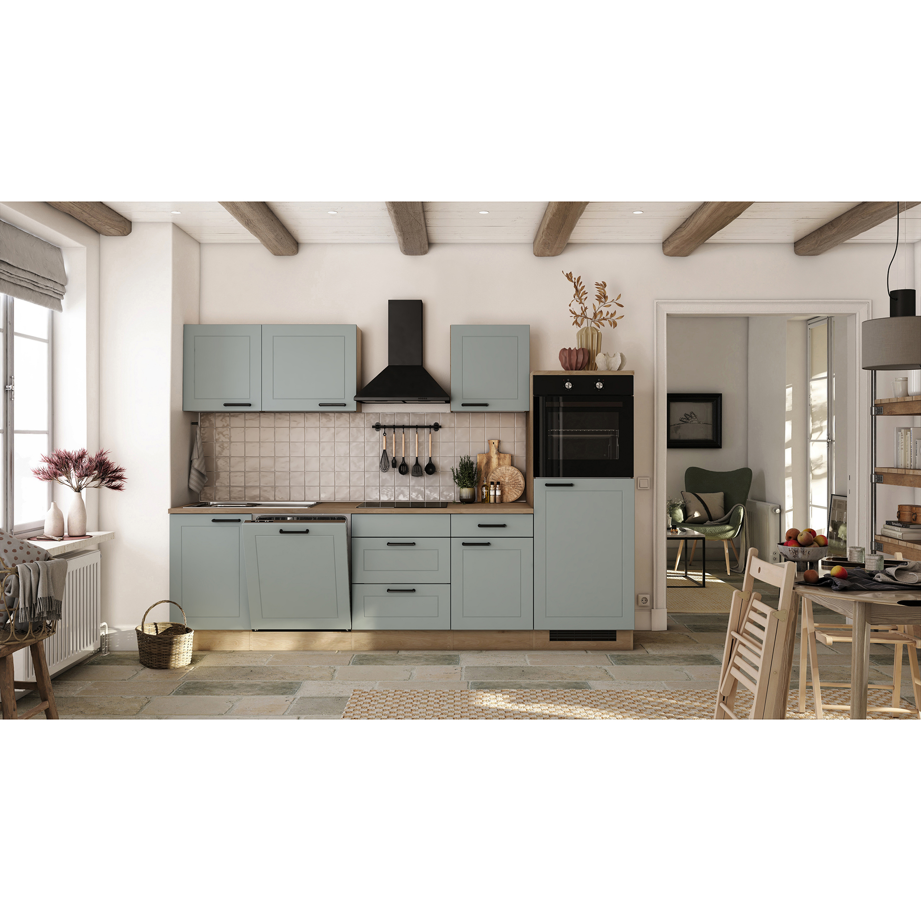 Küchenblock VERONA - salbeigrün matt - Cosmopolitan Eiche - mit E-Geräten - 280 cm
