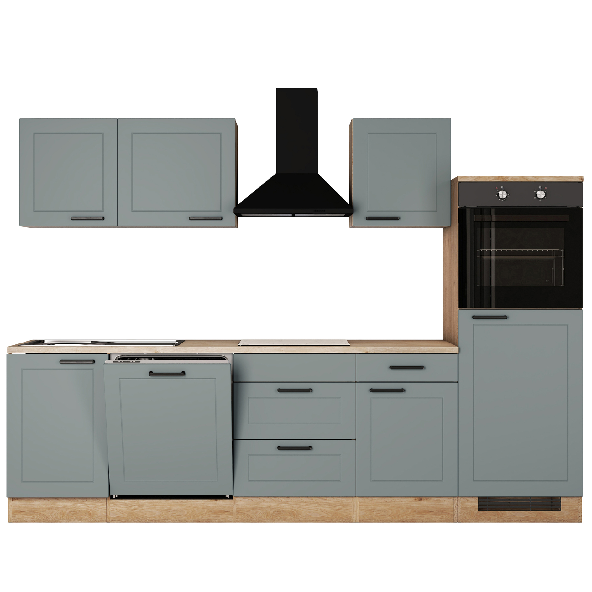 Küchenblock VERONA - salbeigrün matt - Cosmopolitan Eiche - mit E-Geräten - 280 cm