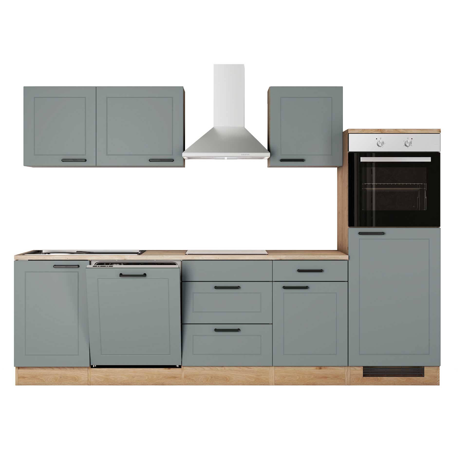 Küchenblock VERONA - salbeigrün matt - Cosmopolitan - mit E-Geräten - 280 cm