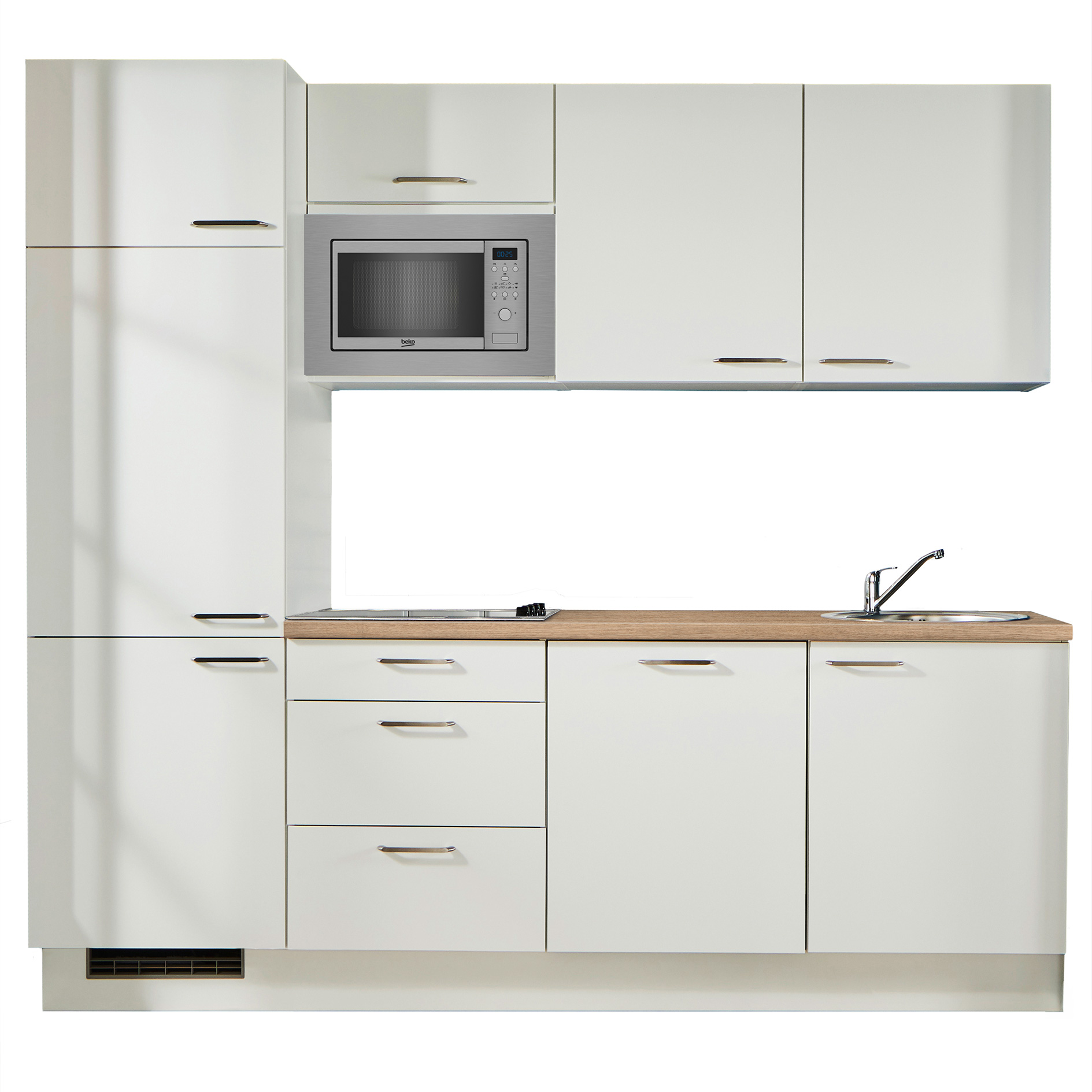 Küchenblock - weiß - Eiche Aviva - Kühlschrank links - 240 cm breit