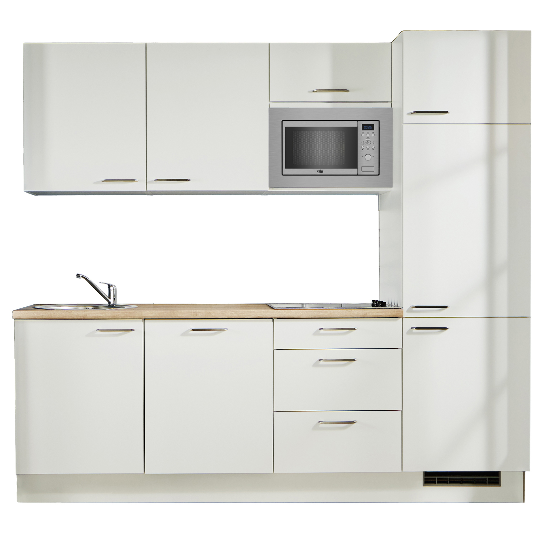 Küchenblock - weiß - Eiche Aviva - Kühlschrank rechts - 240 cm breit