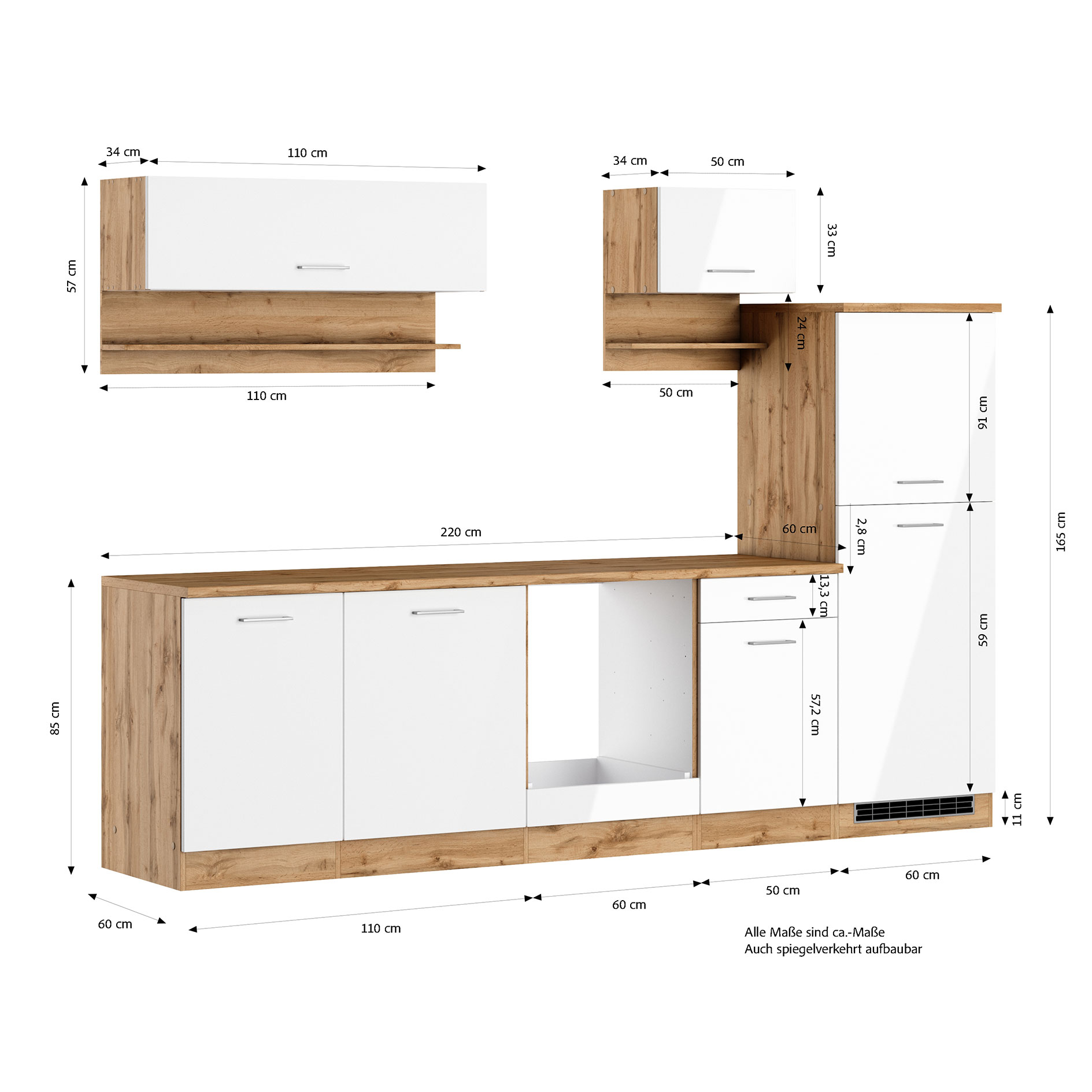 Küchenblock - weiß Hochglanz - Wotaneiche - 280 cm