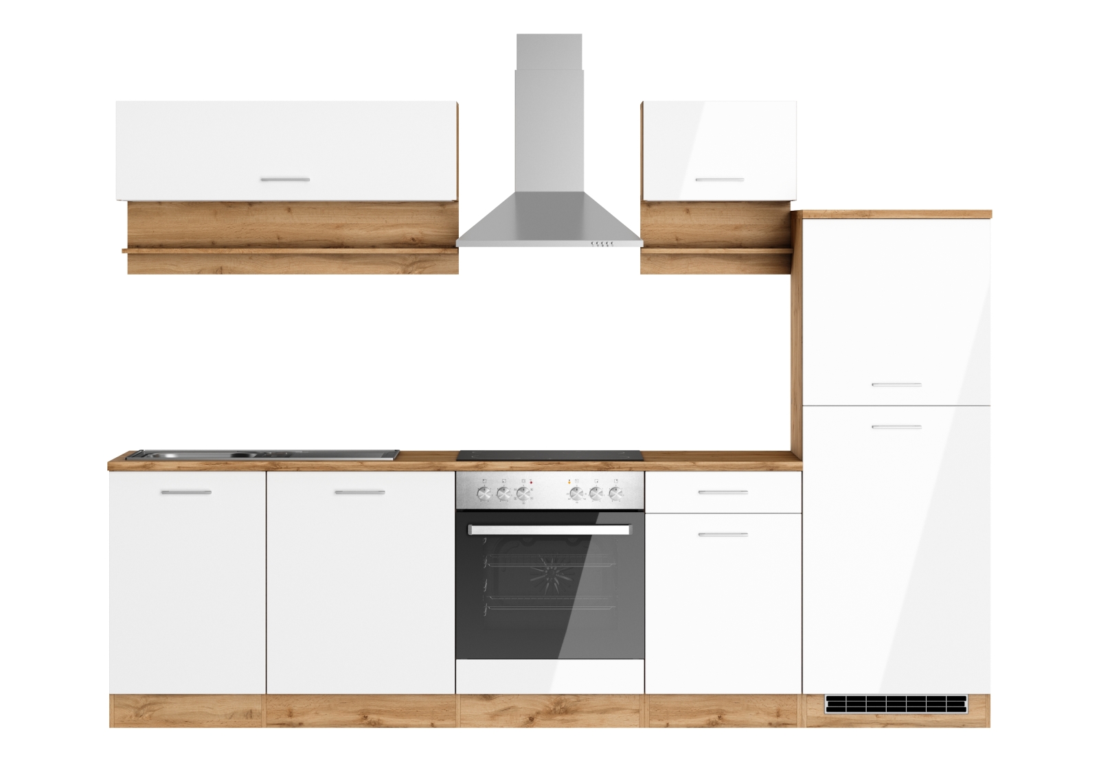 Küchenblock - weiß Hochglanz - Wotaneiche - mit E-Geräten - 280 cm