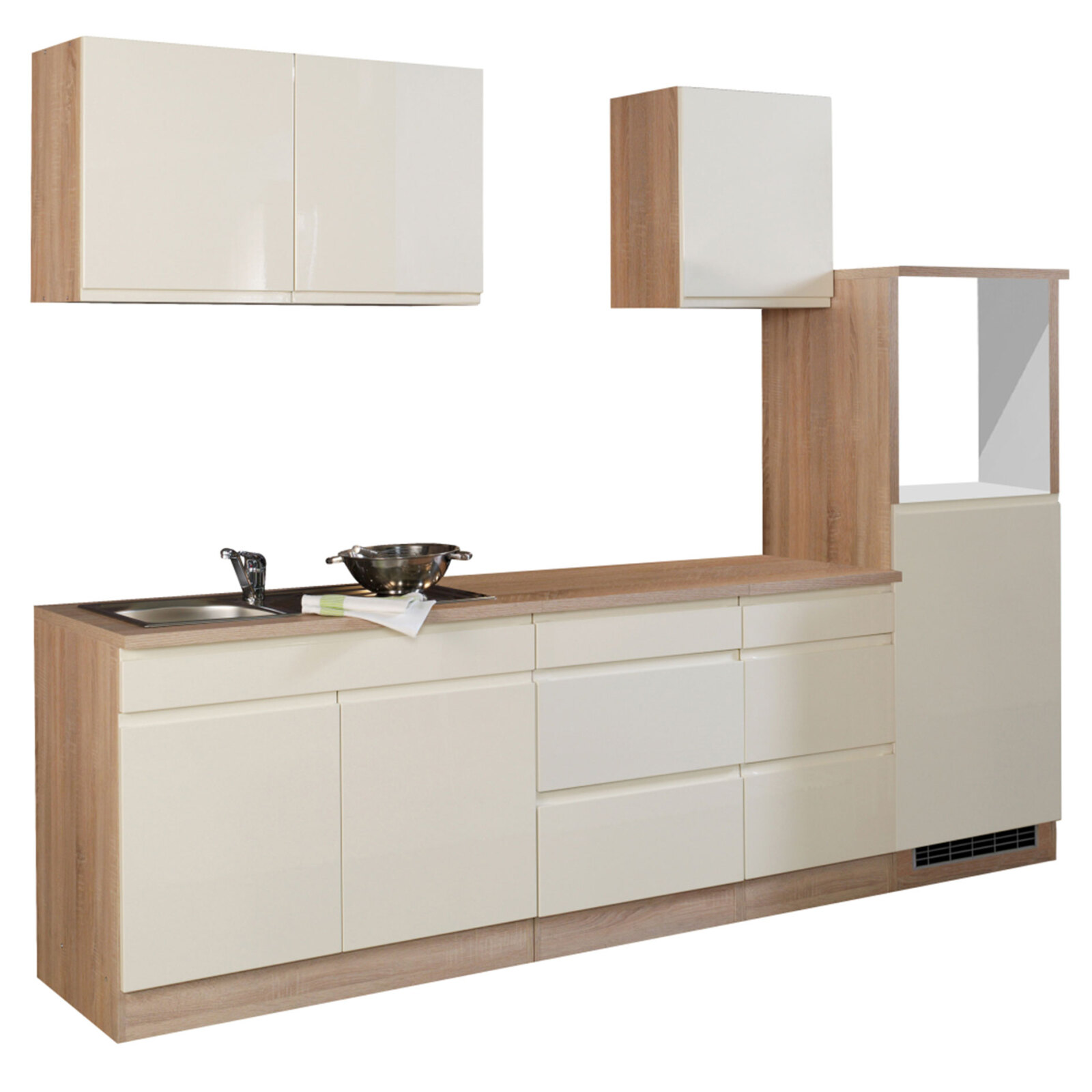 Küchenblock WIEN - creme Hochglanz-Sonoma Eiche - 270 cm