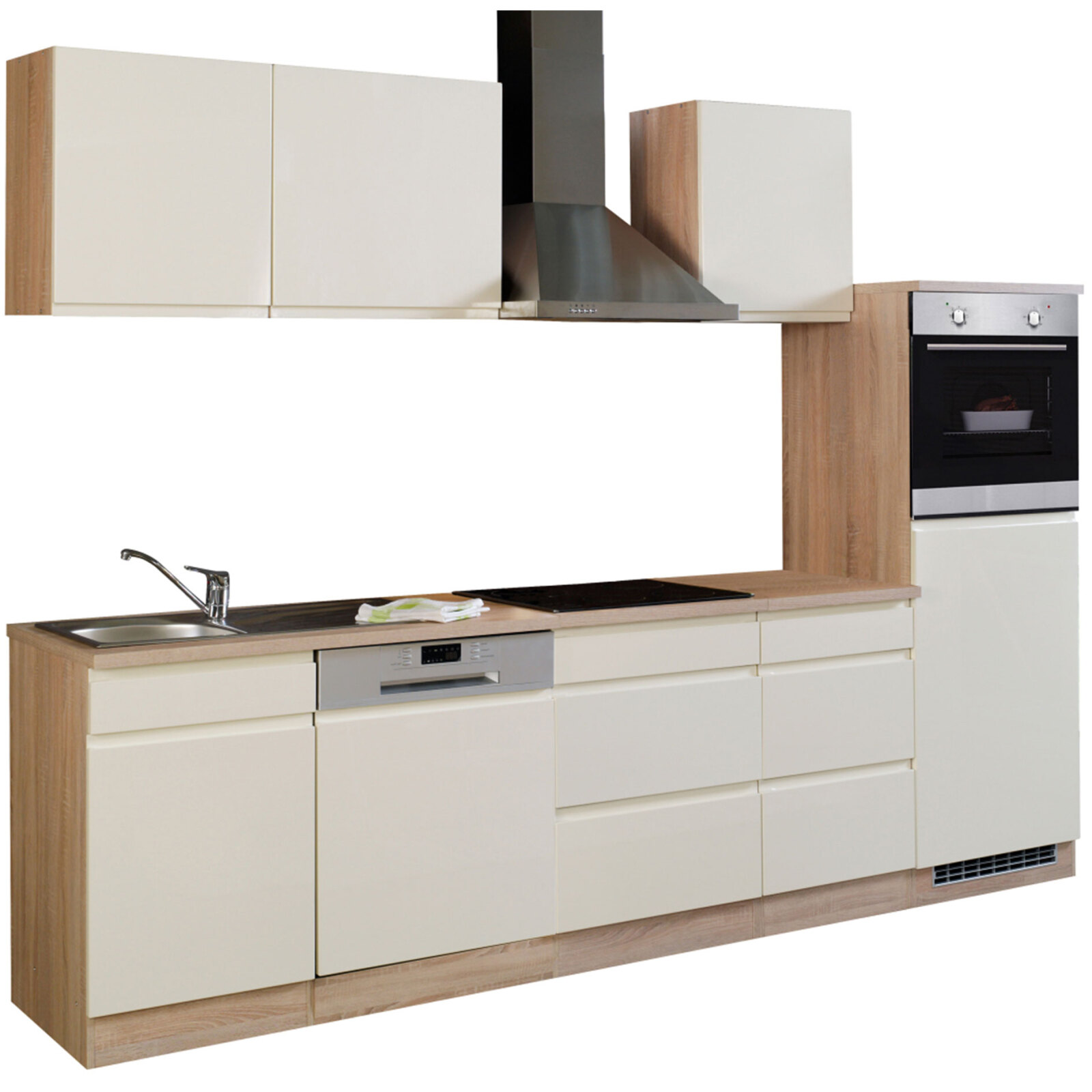 Küchenblock WIEN - creme Hochglanz-Sonoma Eiche - mit E-Geräten - 280 cm