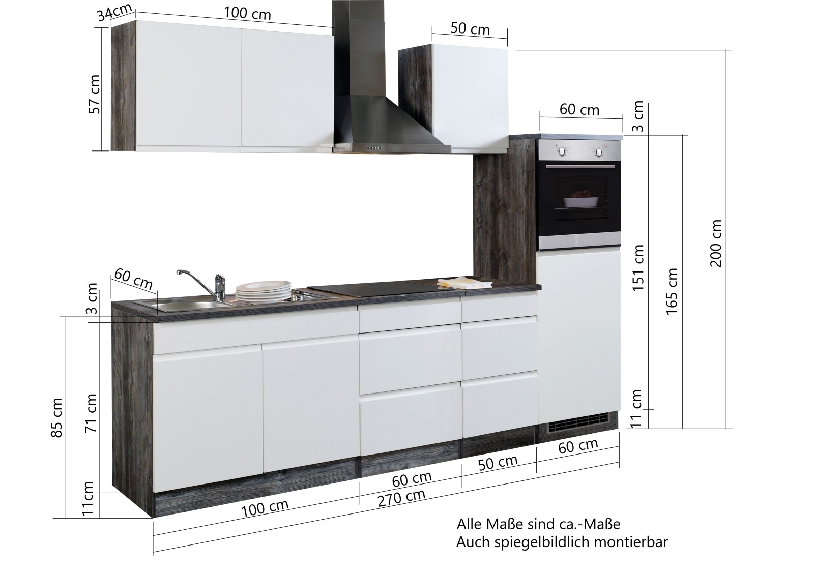 Küchenblock WIEN - weiß Hochglanz-Eiche Vintage - 270 cm