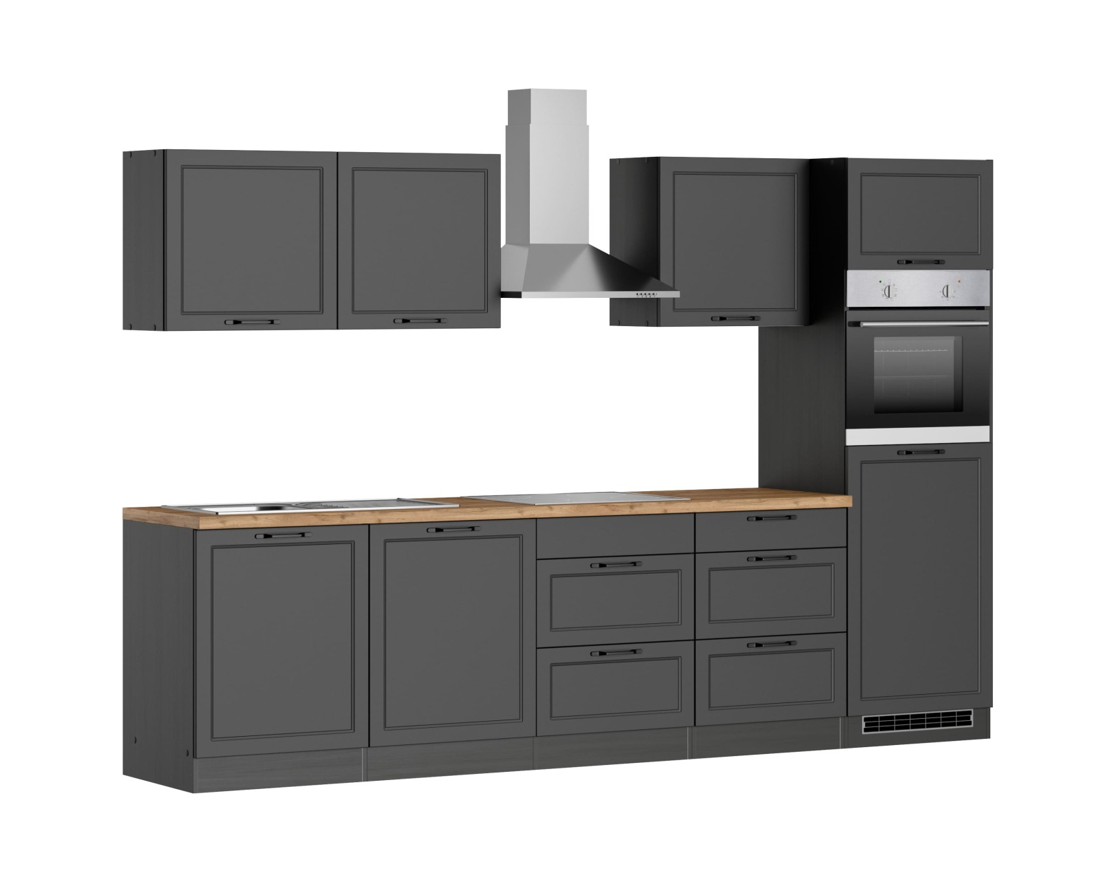 Küchenzeile MERAN - grau - Wotaneiche - mit E-Geräten - Induktionskochfeld - 300 cm