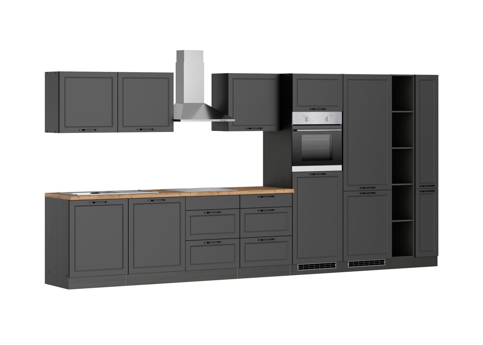 Küchenzeile MERAN - grau - Wotaneiche - mit E-Geräten - Induktionskochfeld - 420 cm