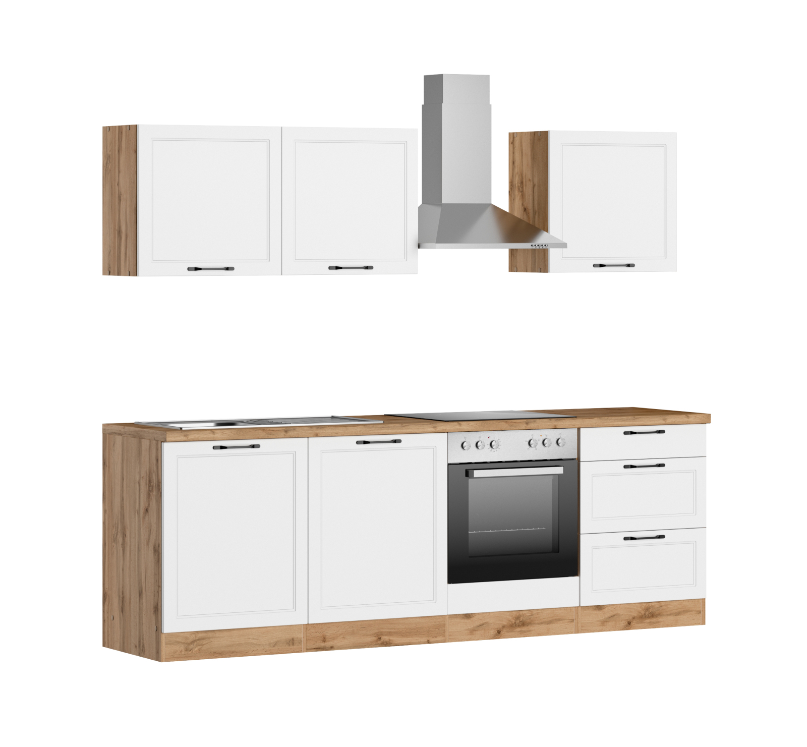 Küchenzeile MERAN - weiß - Wotaneiche - mit E-Geräten - 240 cm