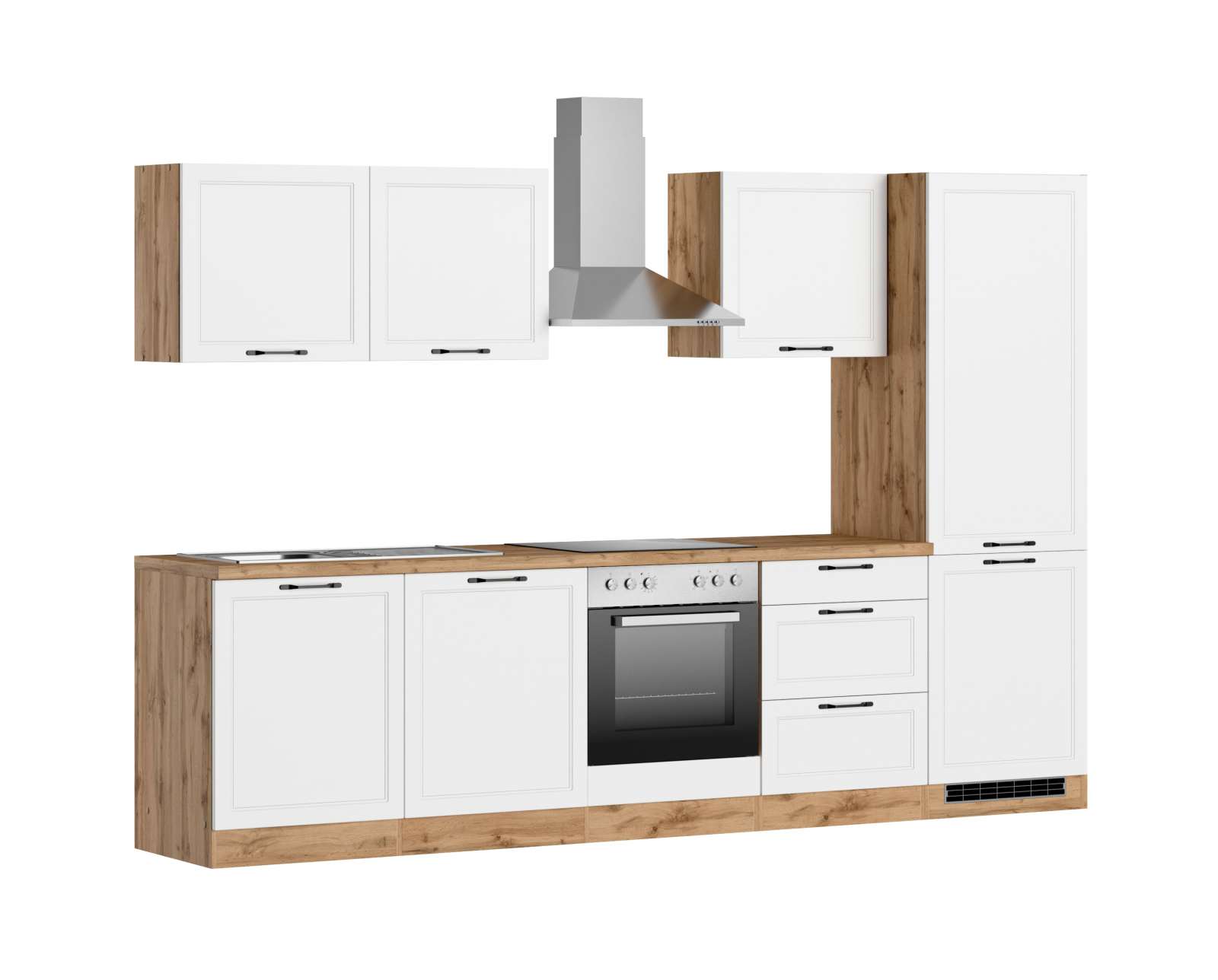 Küchenzeile MERAN - weiß - Wotaneiche - mit E-Geräten - 300 cm