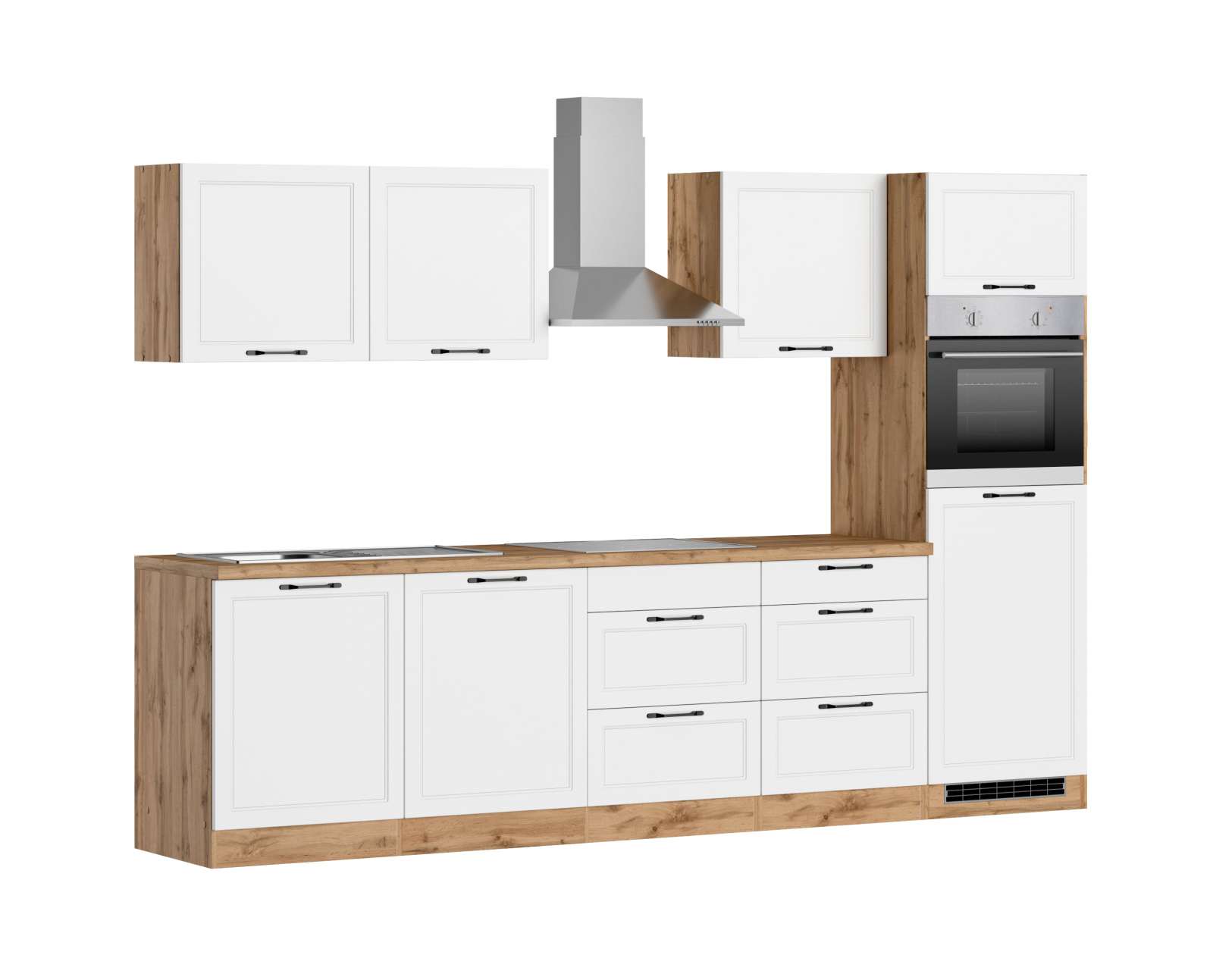 Küchenzeile MERAN - weiß - Wotaneiche - mit E-Geräten - Induktionskochfeld - 300 cm