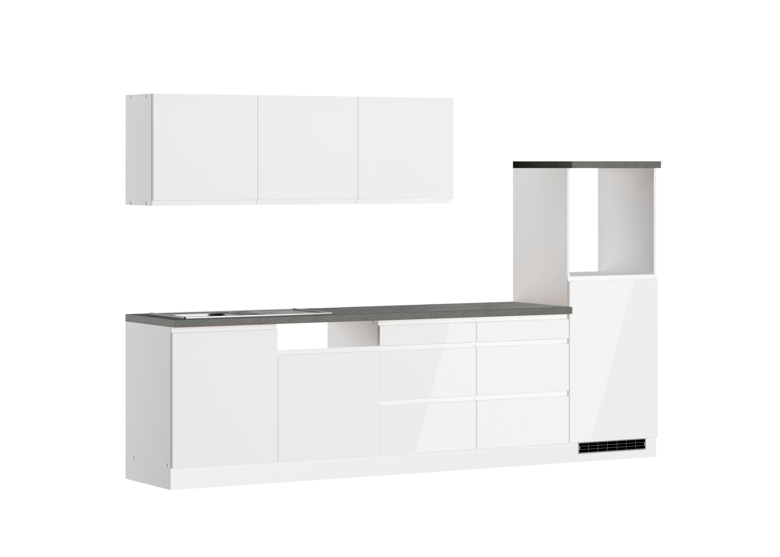 Küchenzeile MONZA - weiß Hochglanz - Beton-Optik - 300 cm