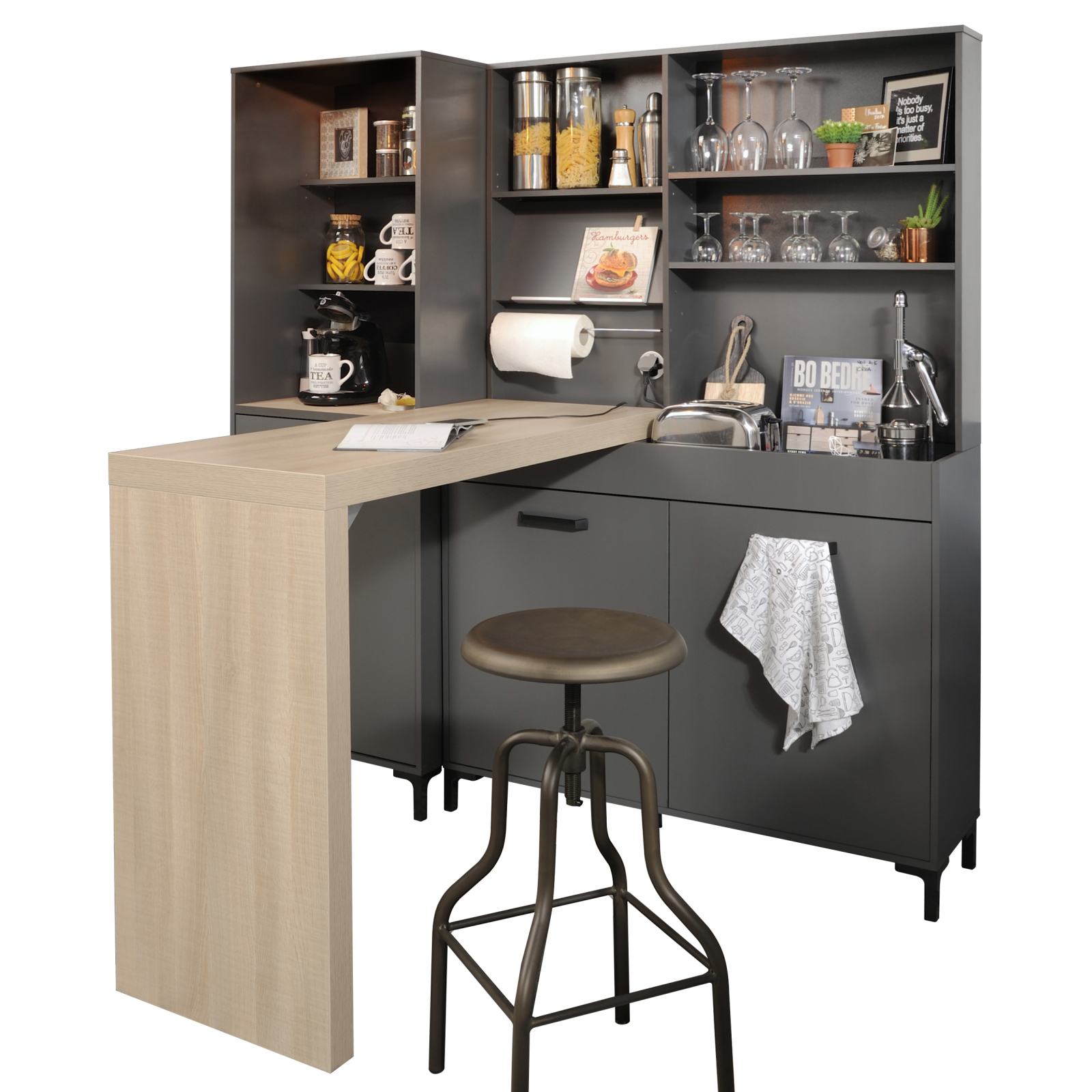 Küchenzeile MOOVE 3 - grau-Eiche hell - 180 cm breit