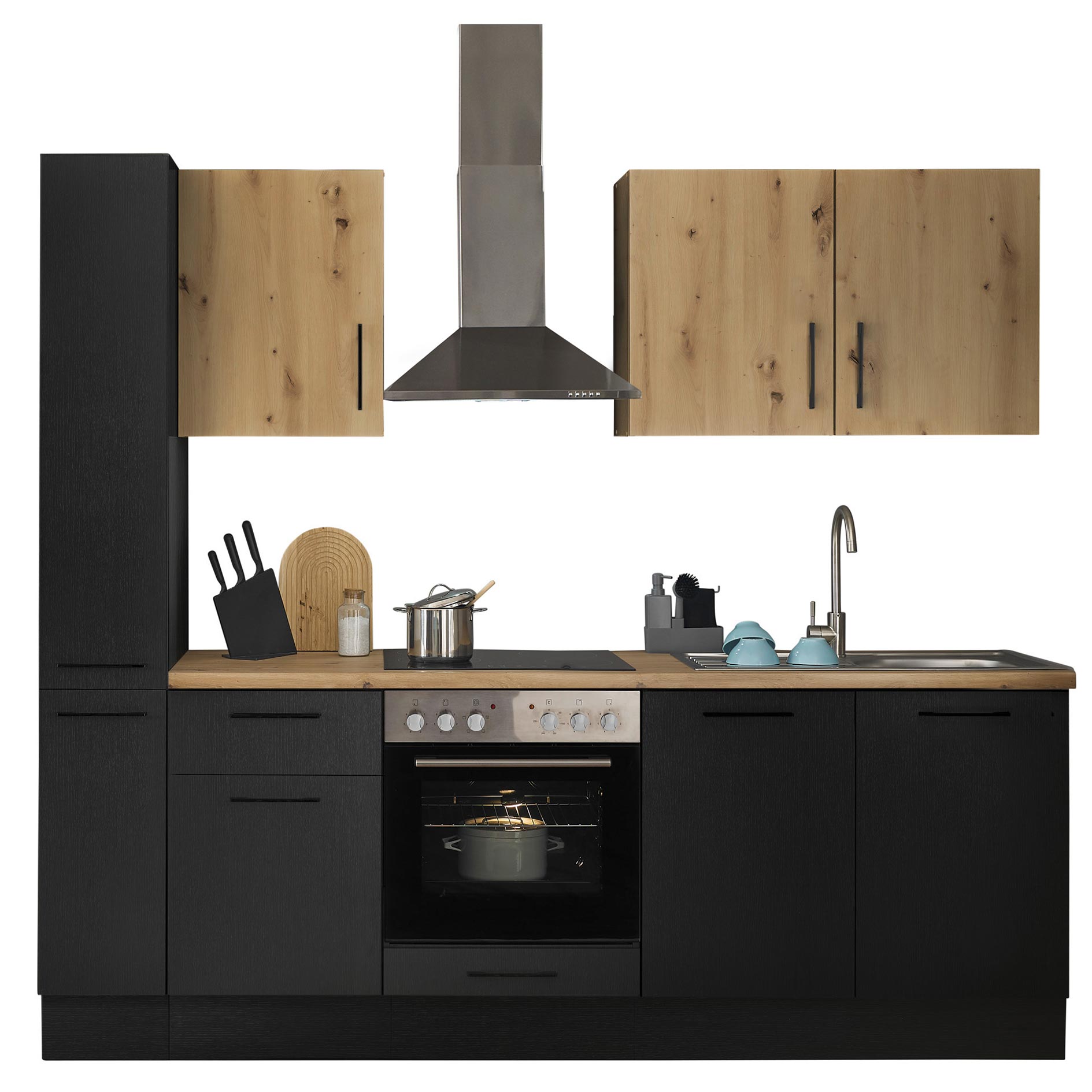 Küchenzeile TURIN - schwarz matt Woodprint - Artisan Eiche - mit E-Geräten - Edelstahlspüle - 240 cm