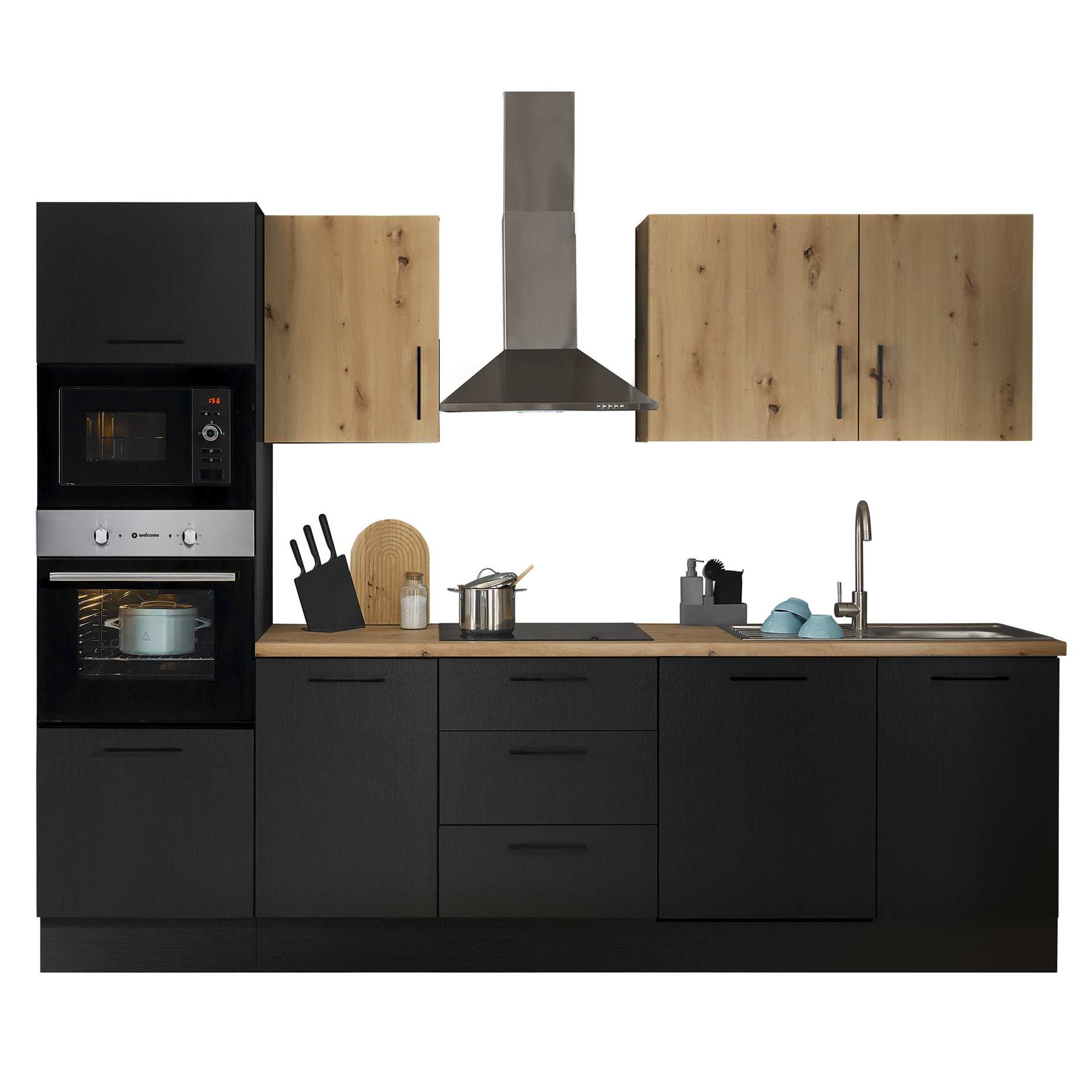 Küchenzeile TURIN - schwarz matt Woodprint - Artisan Eiche - mit E-Geräten - Edelstahlspüle - 280 cm