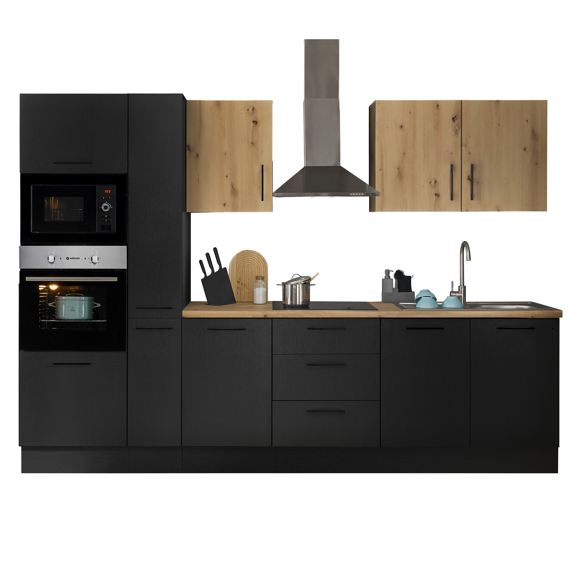 Küchenzeile TURIN - schwarz matt Woodprint - Artisan Eiche - mit E-Geräten - Edelstahlspüle - 300 cm